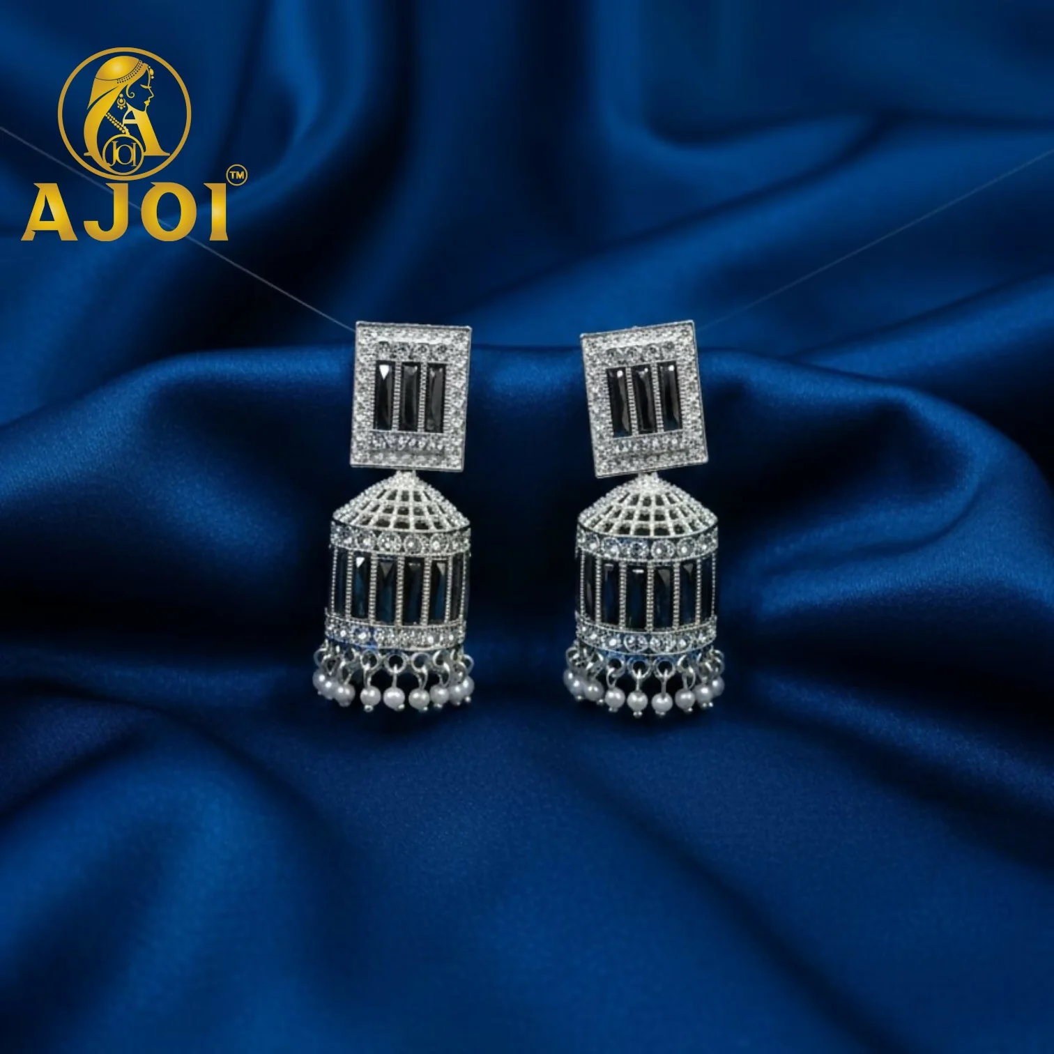 Premium Royal Black Stone Dome Jhumka Earrings - Image 3