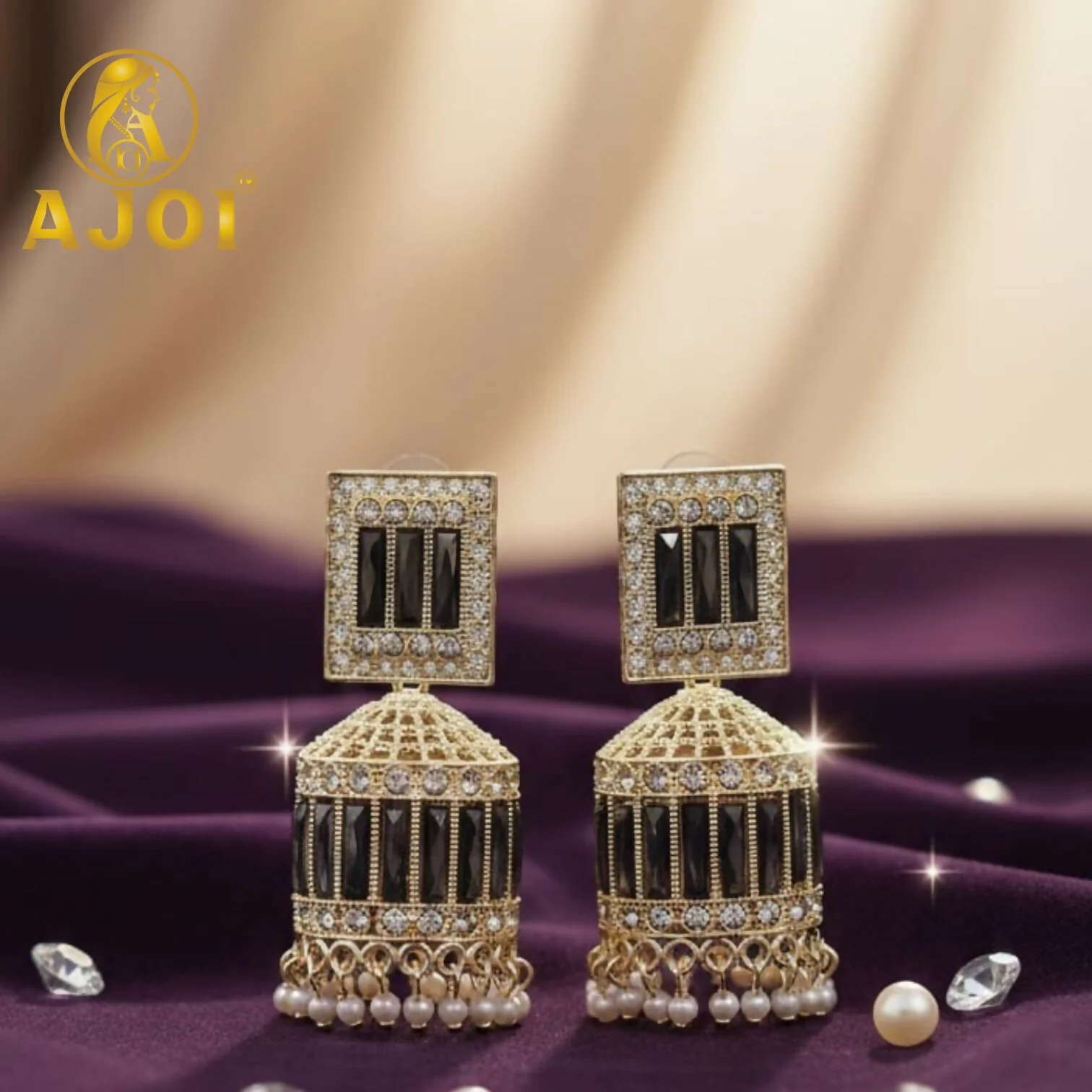 Premium Royal Black Stone Dome Jhumka Earrings - Image 4