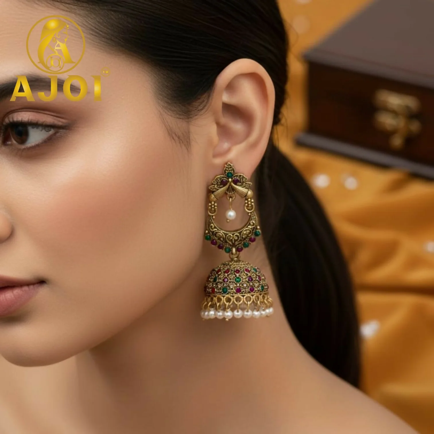 Premium Royal Multicolor Stone Jhumka Earrings with Traditional Drop Detailing - Image 2