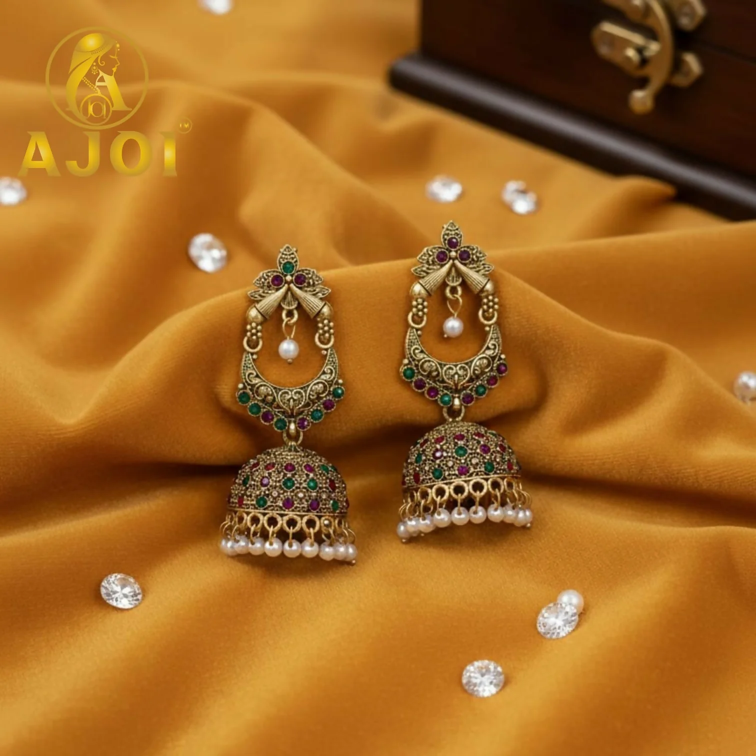 Premium Royal Multicolor Stone Jhumka Earrings with Traditional Drop Detailing - Image 4
