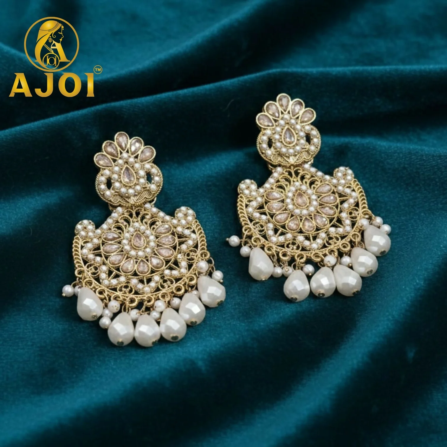 Premium Royal Pearl Chandbali Earrings with Elegant Traditional Designer Finish - Image 3