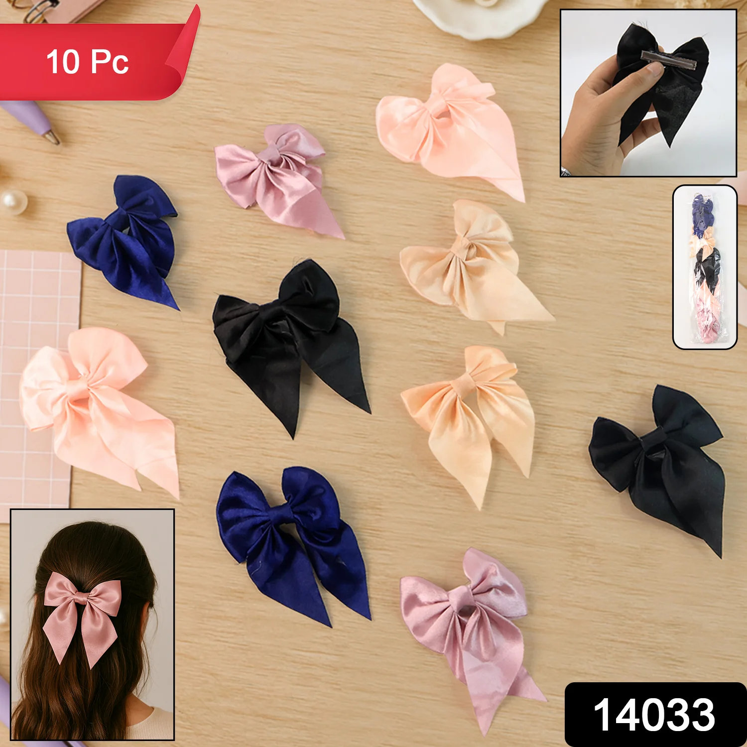 Premium Satin Bow Hair Clip Set for Girls and Women (10 Pc) - Image 2