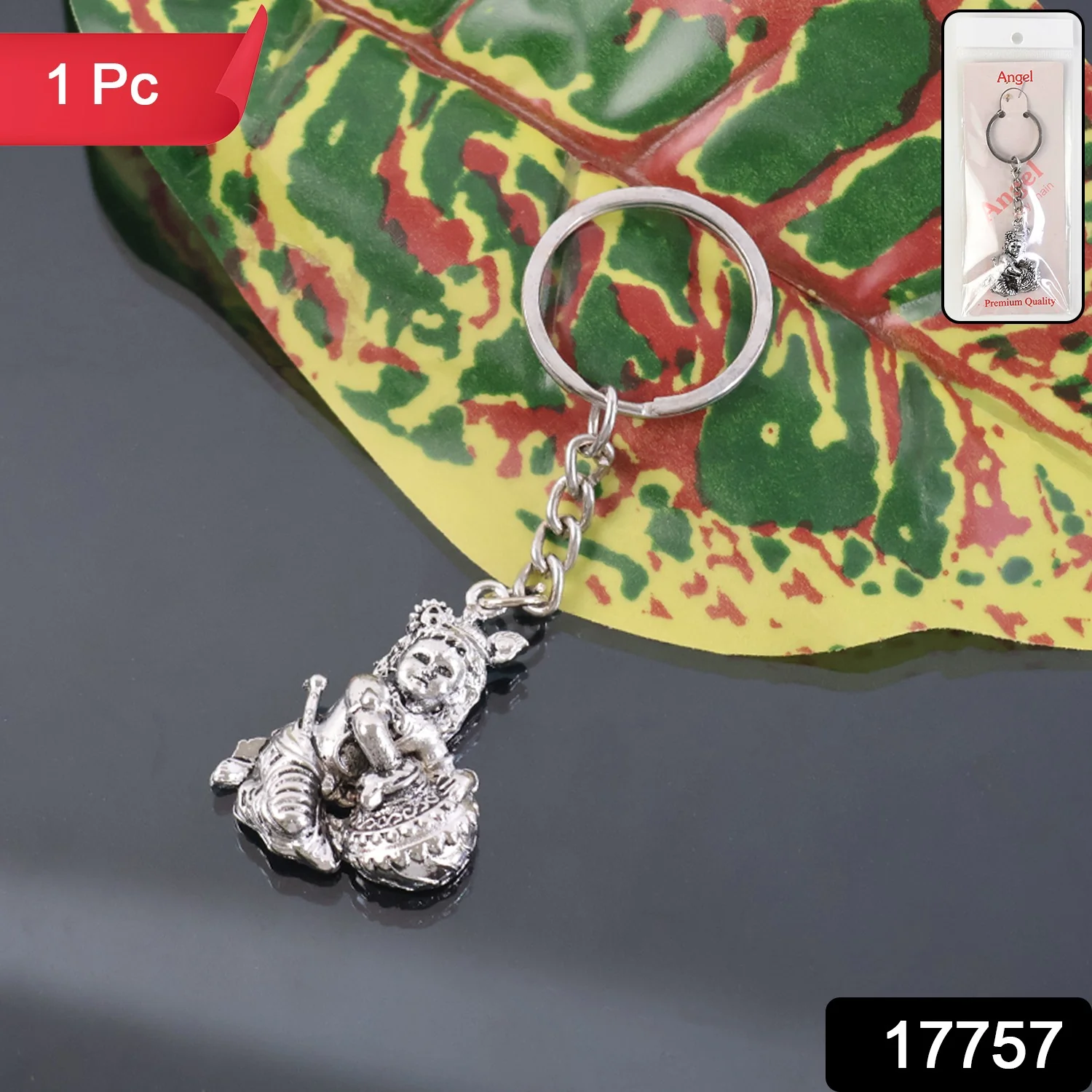 Premium Silver-Finish Metal Bal Krishna Eating Makhan Keychain (1 Pc) - Image 2