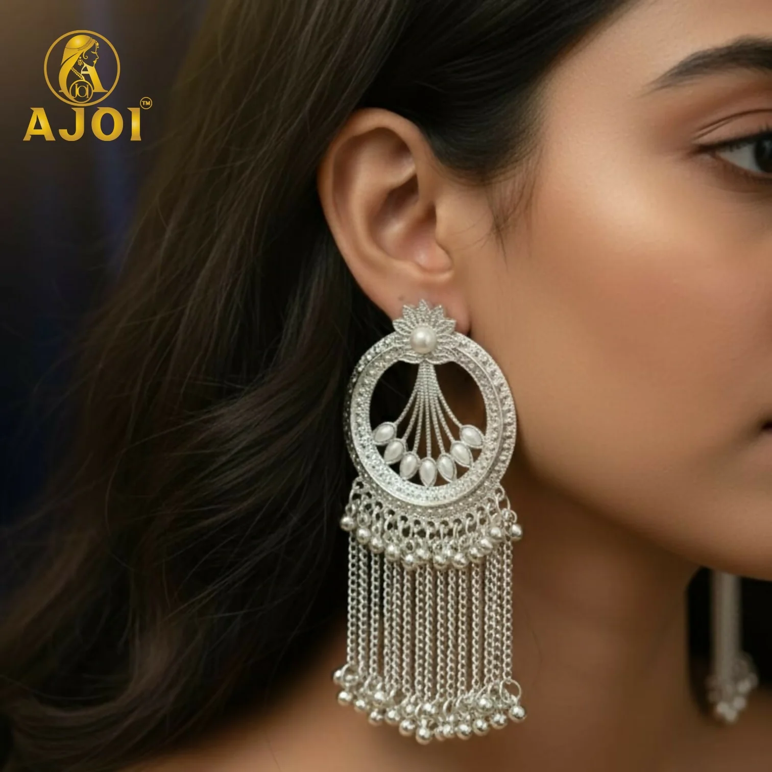 Premium Silver Floral Chain Tassel Earrings with Elegant Drop Design - Image 2