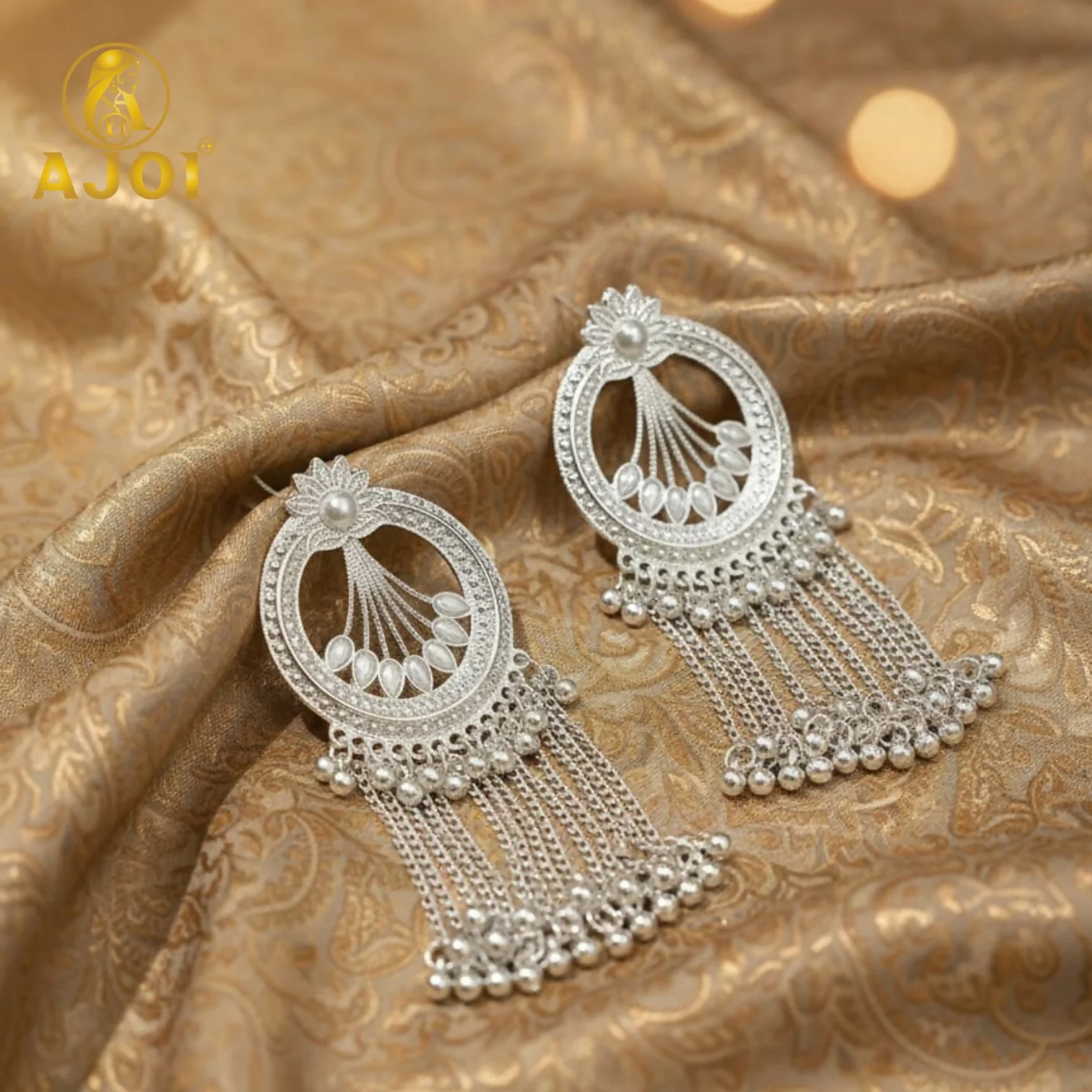 Premium Silver Floral Chain Tassel Earrings with Elegant Drop Design - Image 4