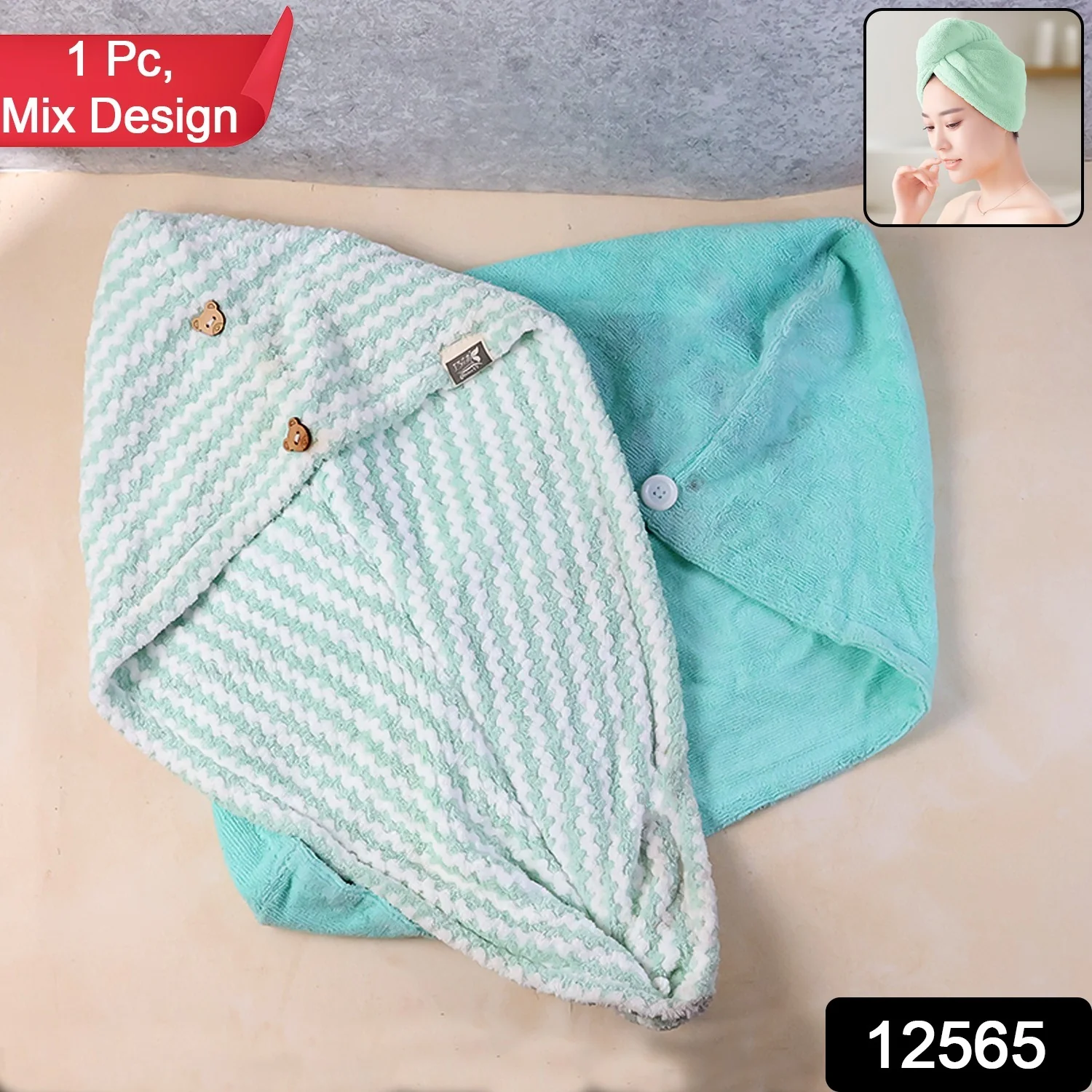 Premium Soft Microfiber Hair Drying Towel Wrap with Button Lock (1 Pc) - Image 2