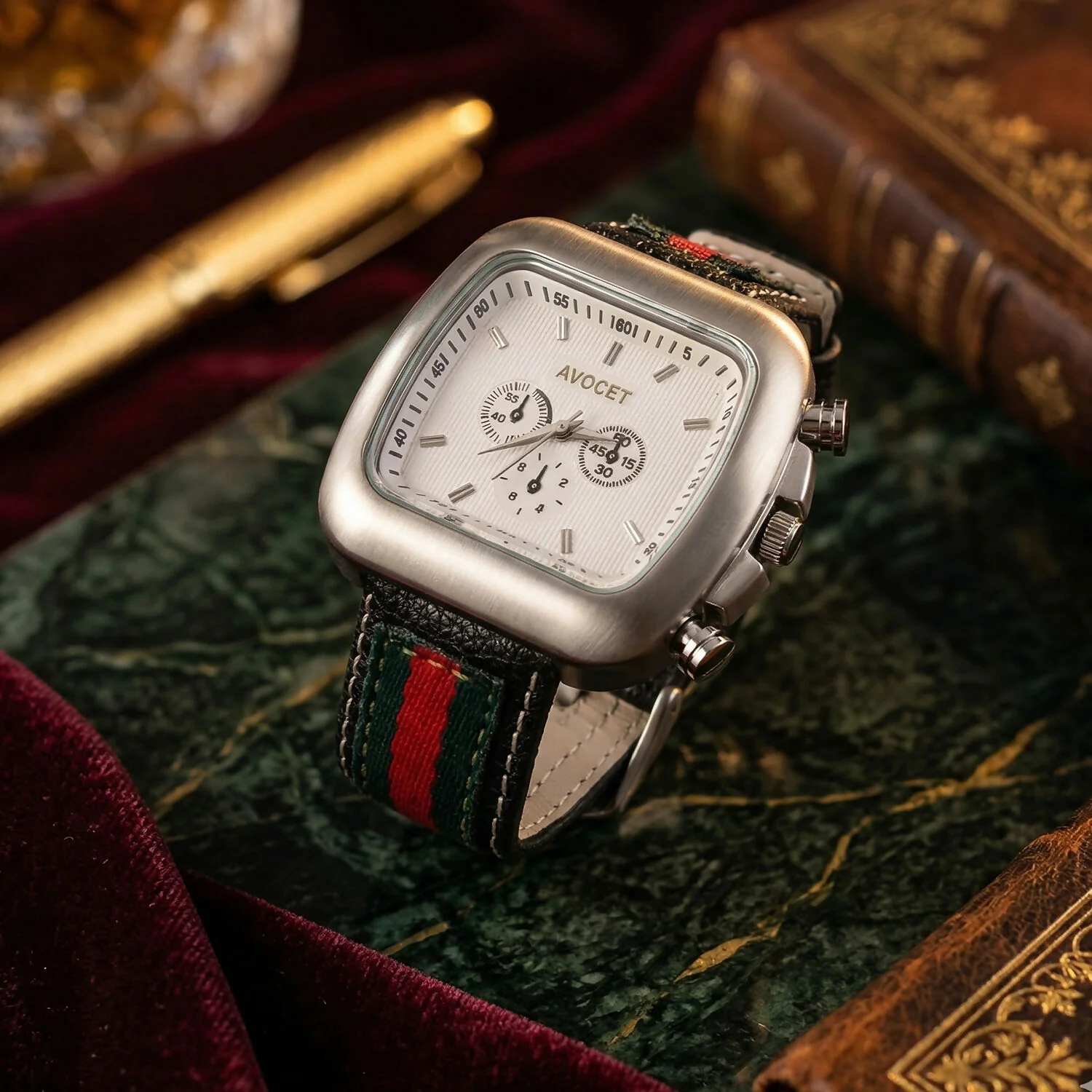 Premium Square Dial Multi-Function Analog Wrist Watch with Stylish Stripe Fabric-Leather Strap for Men - Image 2