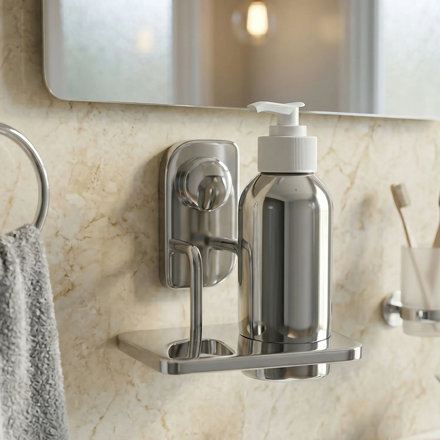 Premium Stailnless Steel Wall Mounted Liquid Soap Dispenser Holder with Storage Tray for Bathroom & Kitchen Use - Image 2