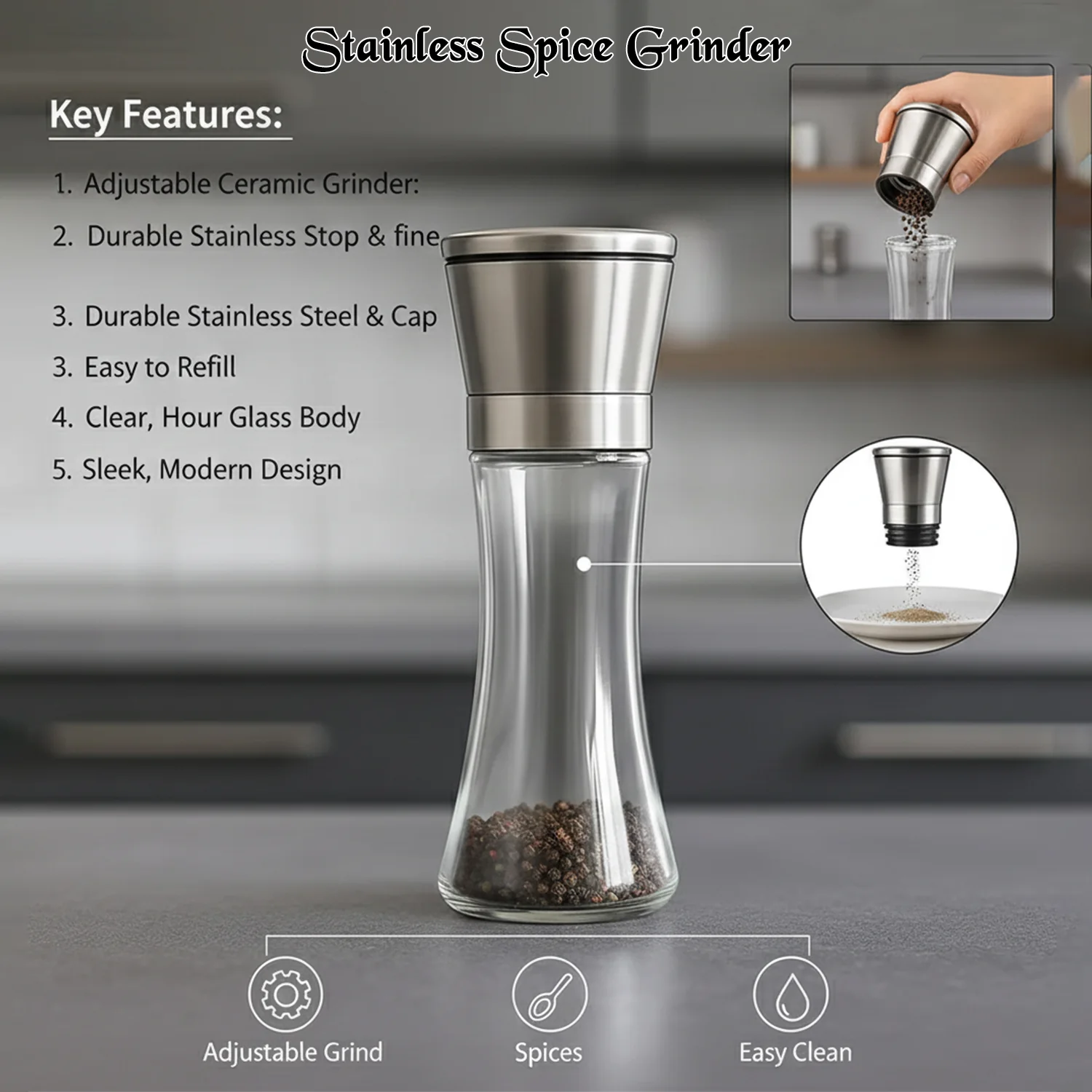 Premium Stainless Steel & Glass Manual Spice Grinder (1 Pc) - Image 4