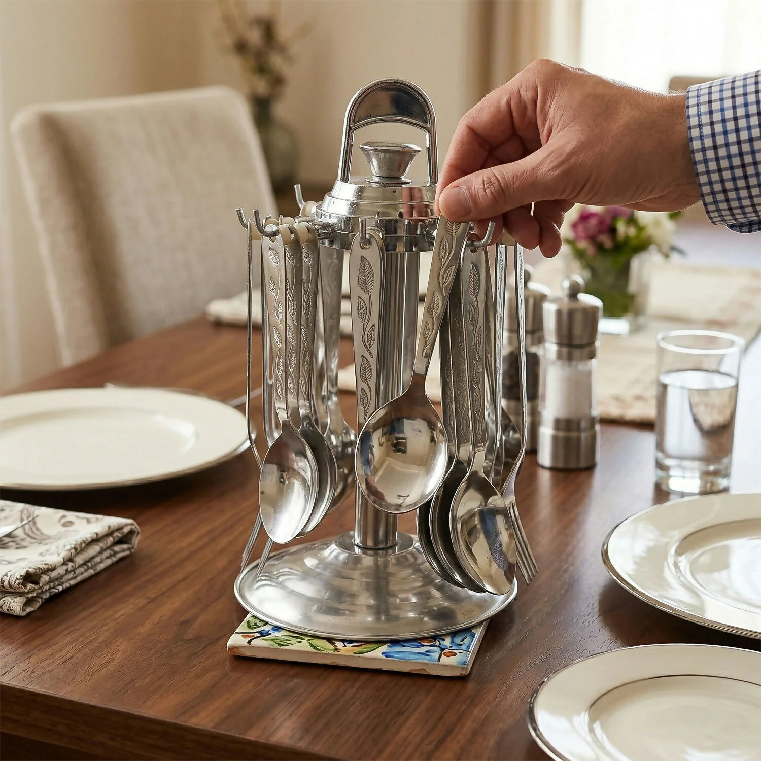 Premium Stainless Steel Cutlery Set with Revolving Stand – 25 Pc Set - Image 3