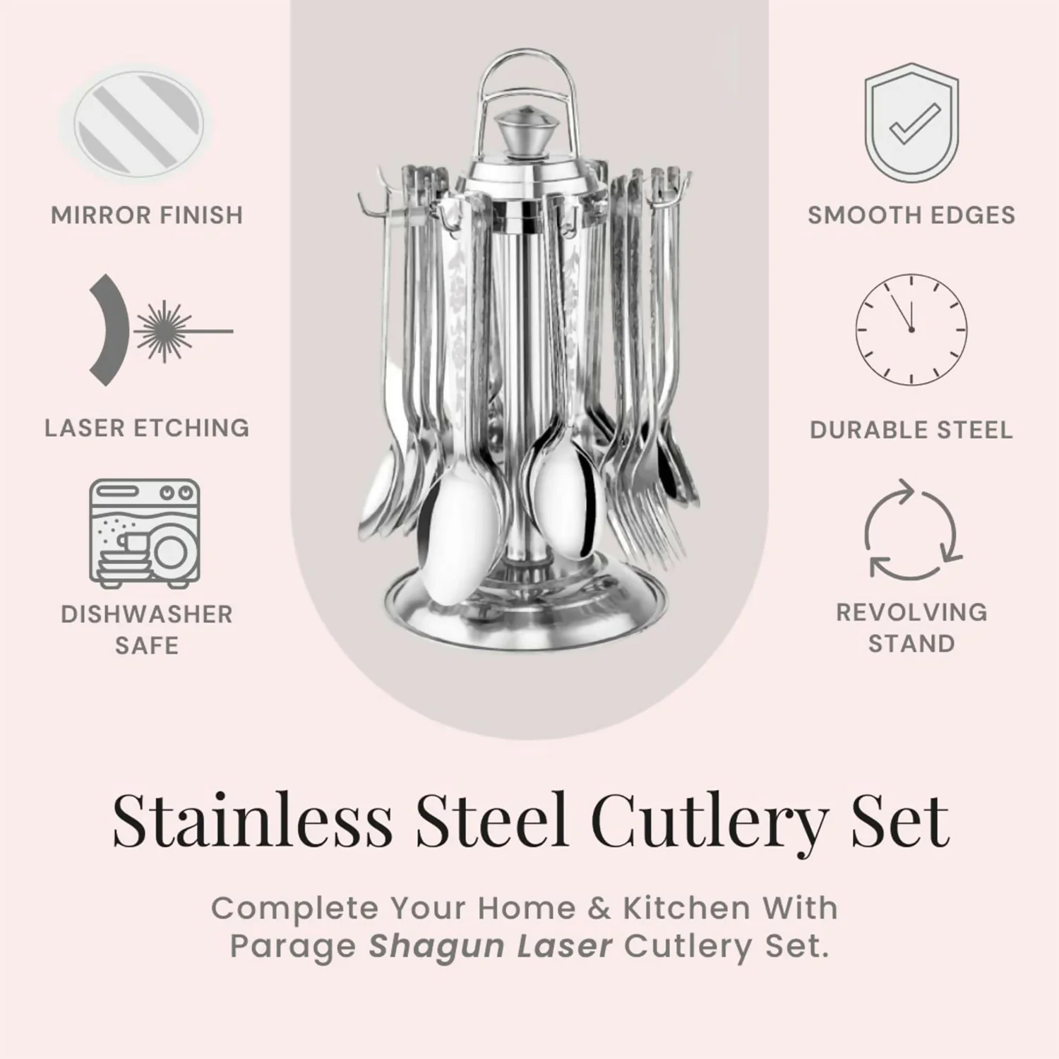 Premium Stainless Steel Cutlery Set with Revolving Stand – 25 Pc Set - Image 5