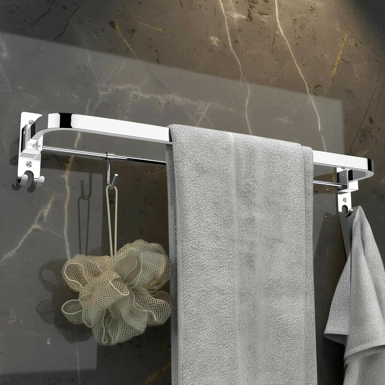Premium Stainless Steel Folding Towel Rod with Hooks Wall Mounted Towel Holder