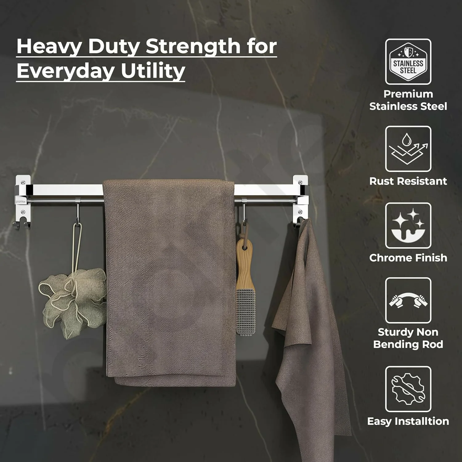 Premium Stainless Steel Folding Towel Rod with Hooks Wall Mounted Towel Holder - Image 2