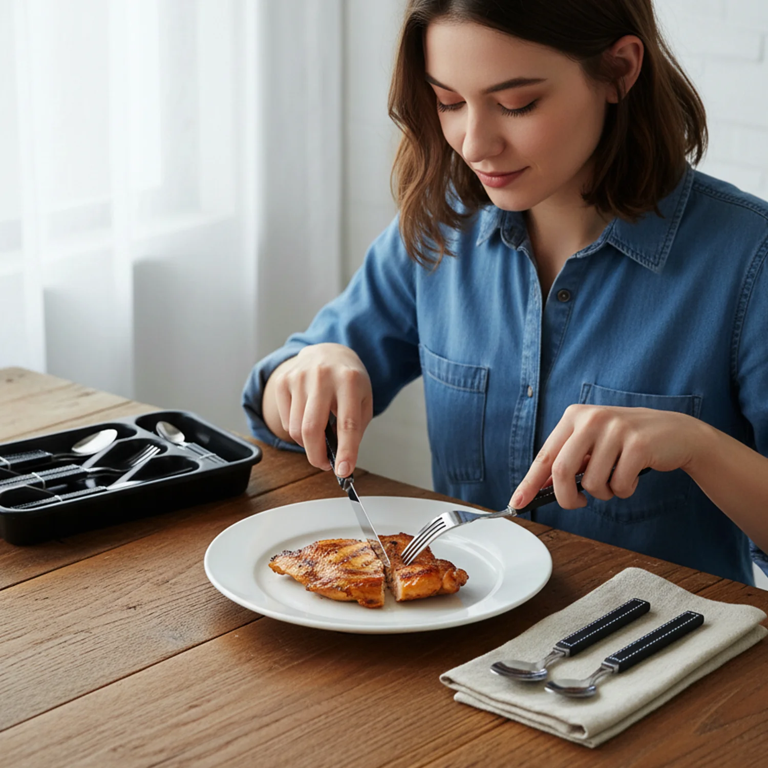 Premium Stainless Steel Kitchen Plastic Handle Cutlery Set With Tray (24 Pc Set) - Image 3