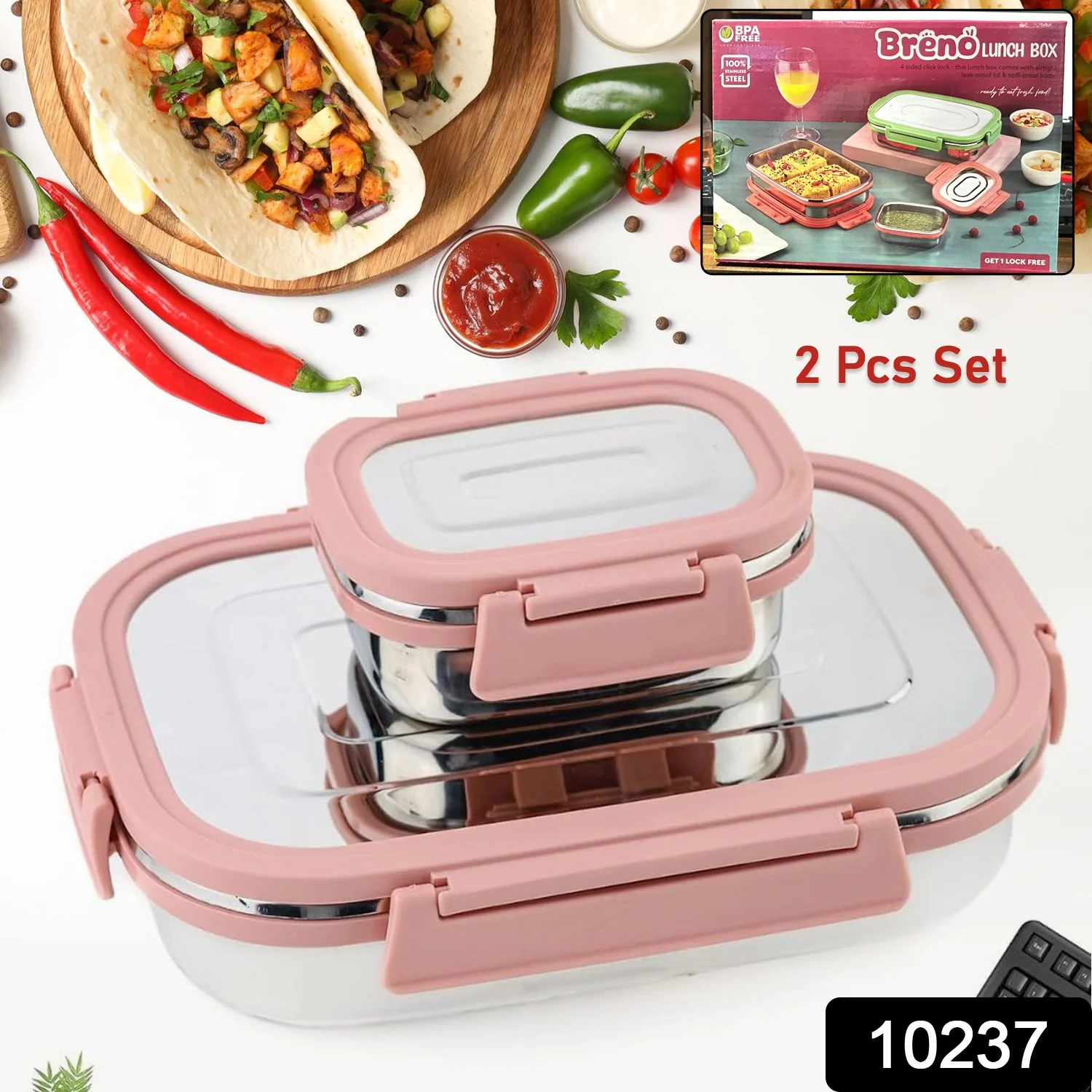 Stainless Steel Leak Proof Air Tight Lunch Boxes (900ML+200ML Approx / 2 Pc Set) - Image 2