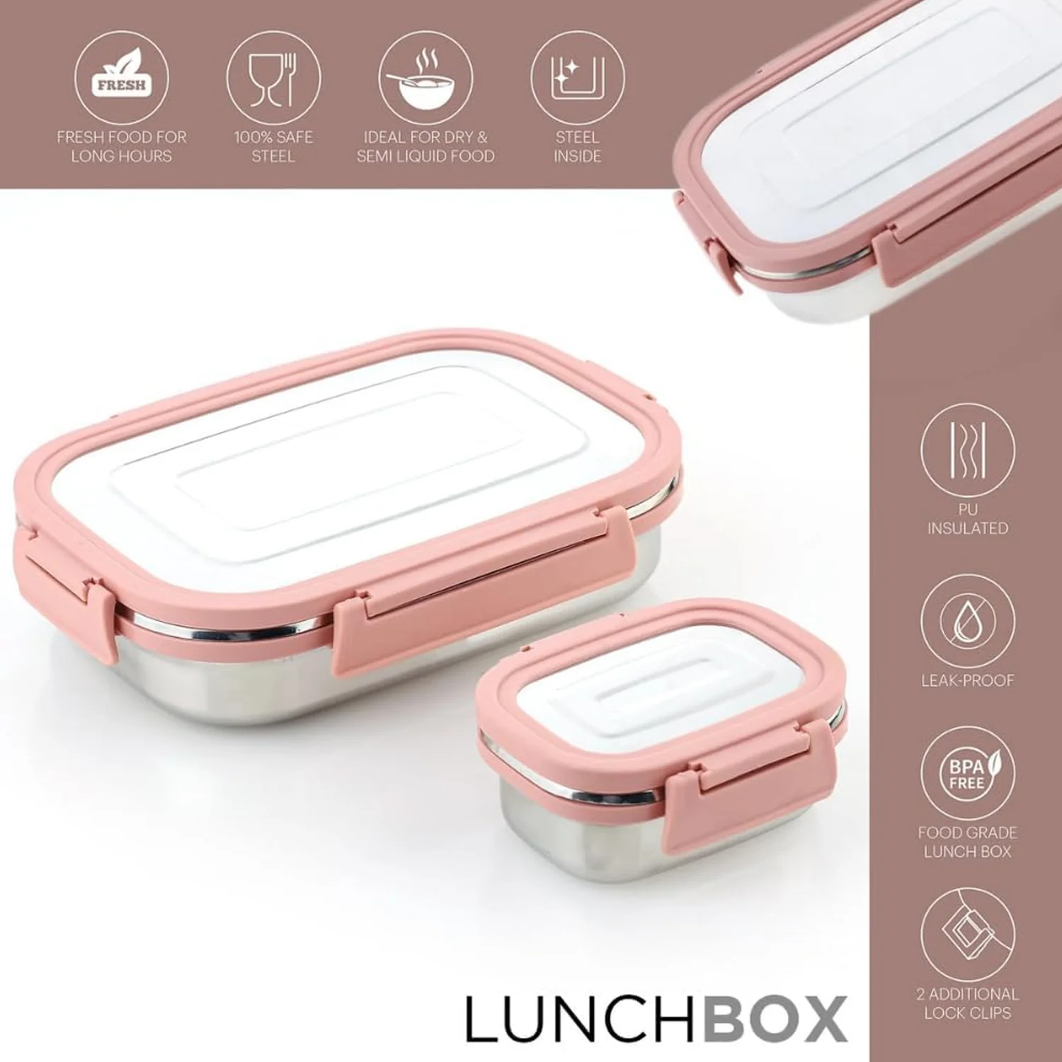 Stainless Steel Leak Proof Air Tight Lunch Boxes (900ML+200ML Approx / 2 Pc Set) - Image 4