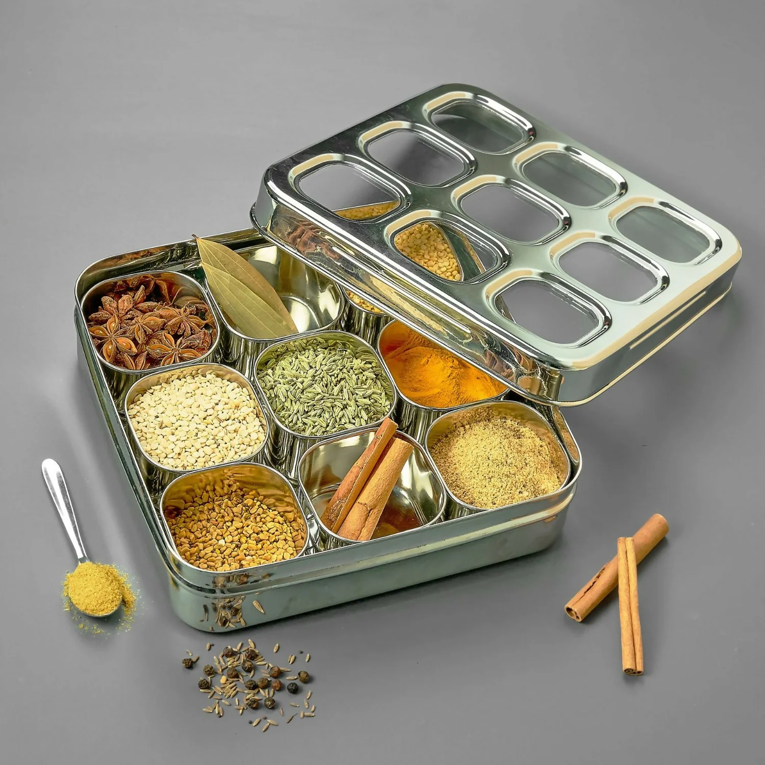 Premium Stainless Steel Masala & Dry Fruit Storage Dabba with 9 Compartment Tray - Image 2