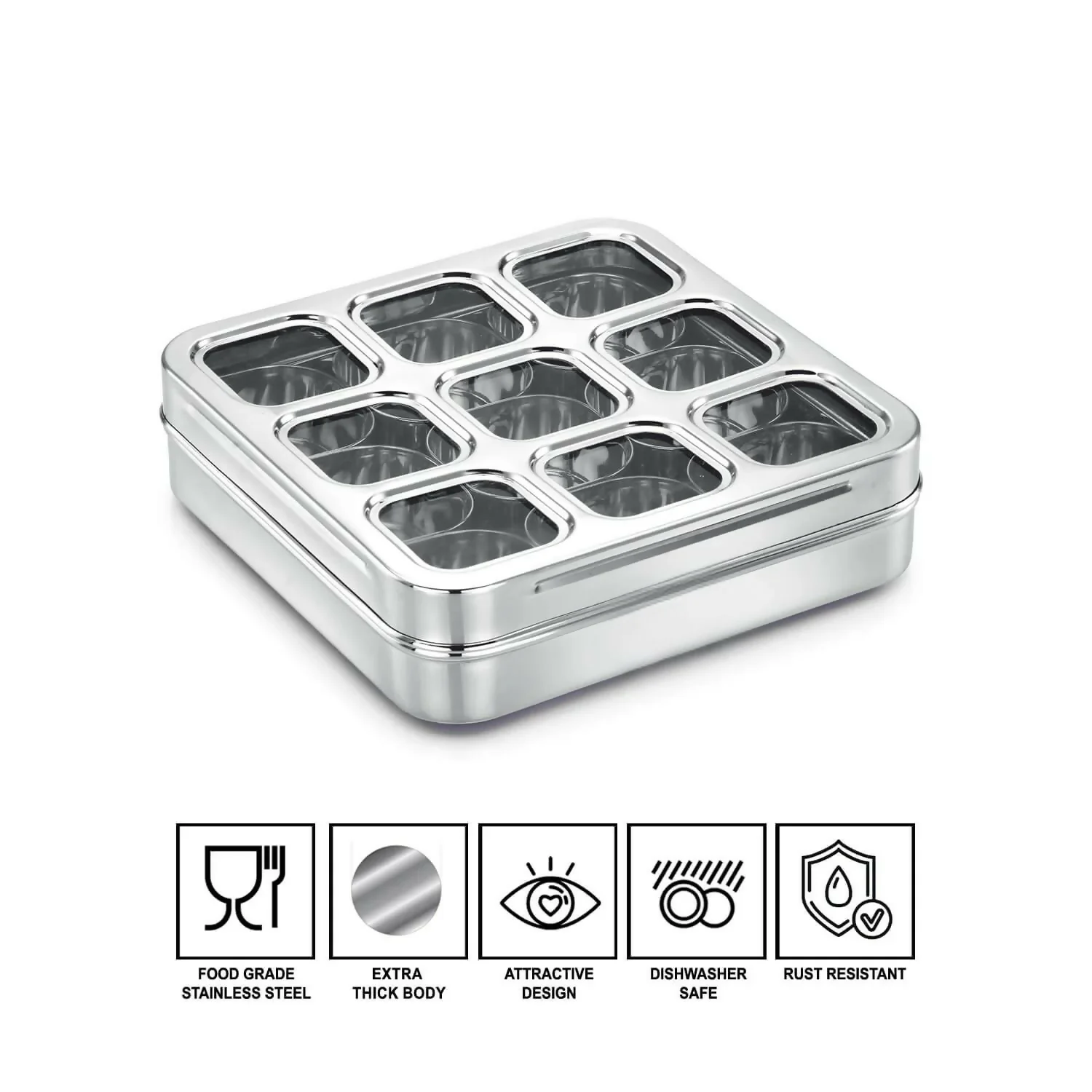 Premium Stainless Steel Masala & Dry Fruit Storage Dabba with 9 Compartment Tray - Image 3