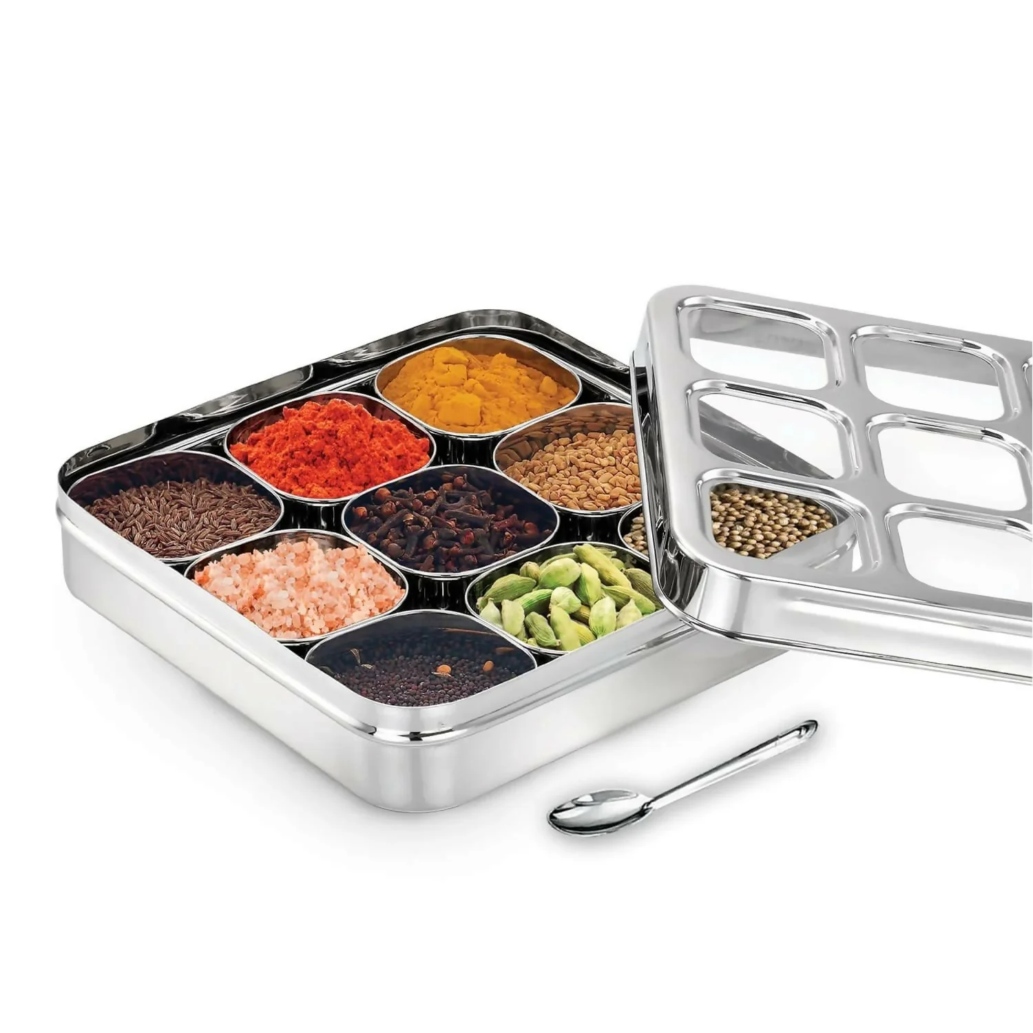 Premium Stainless Steel Masala & Dry Fruit Storage Dabba with 9 Compartment Tray - Image 4