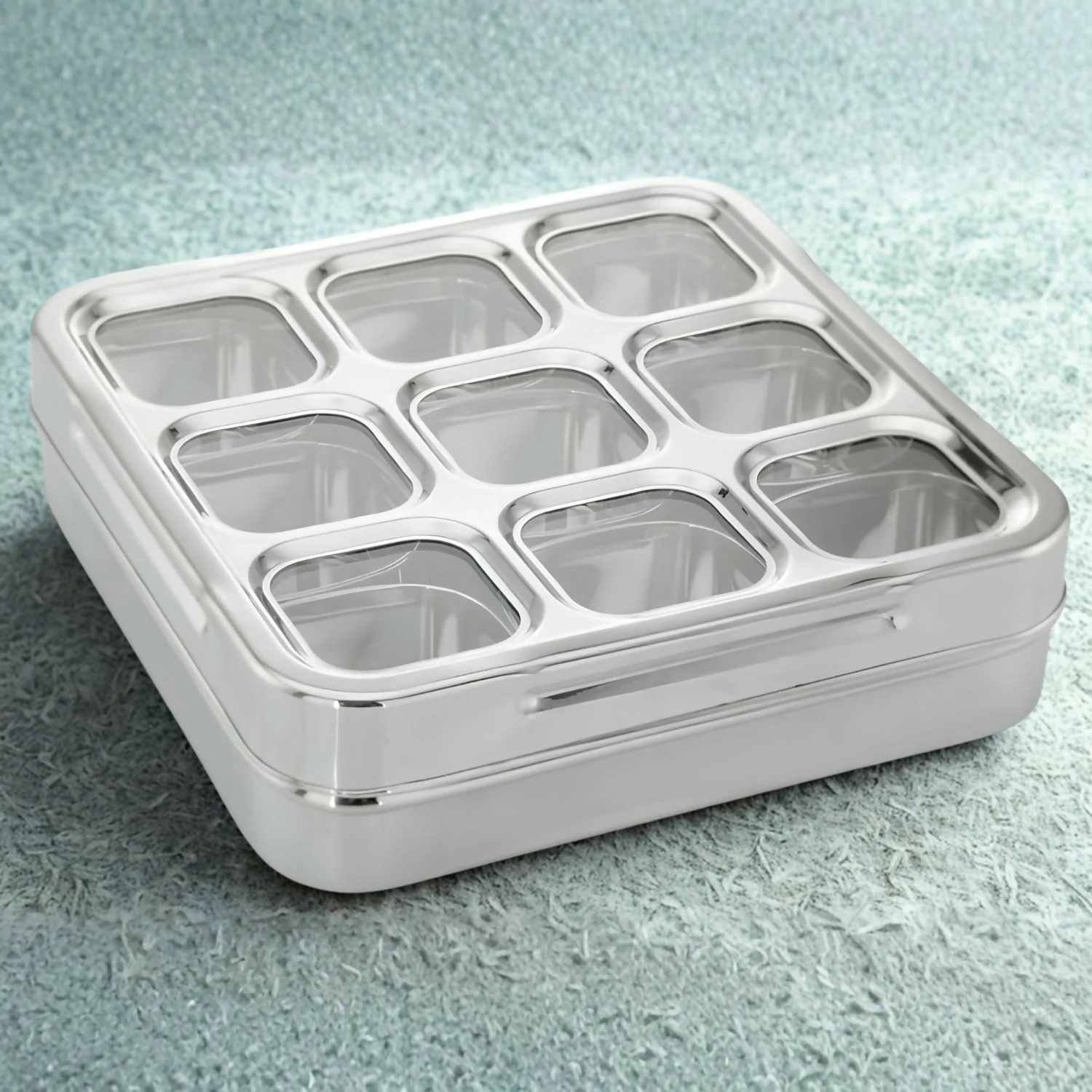 Premium Stainless Steel Masala & Dry Fruit Storage Dabba with 9 Compartment Tray - Image 5