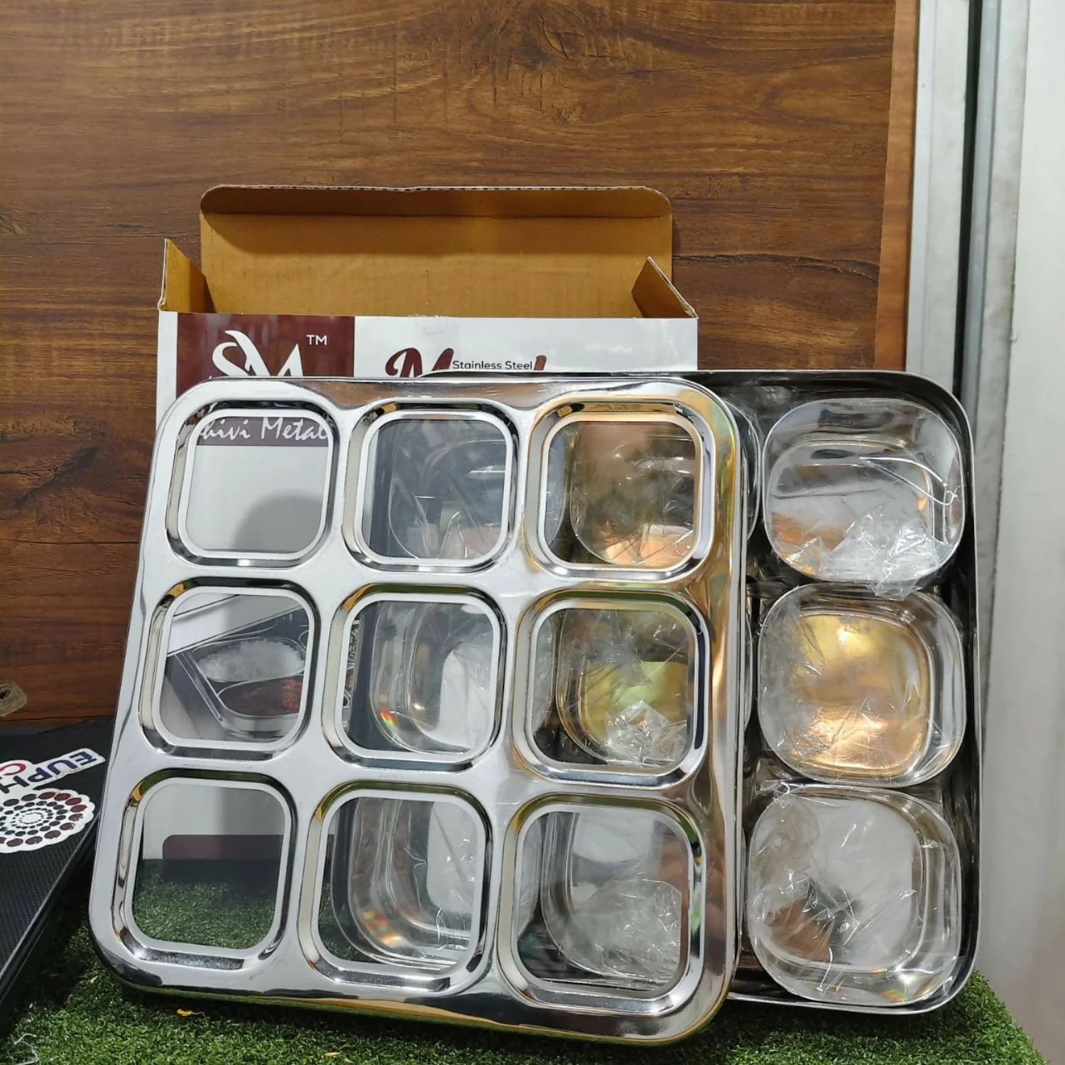 Premium Stainless Steel Masala & Dry Fruit Storage Dabba with 9 Compartment Tray - Image 6