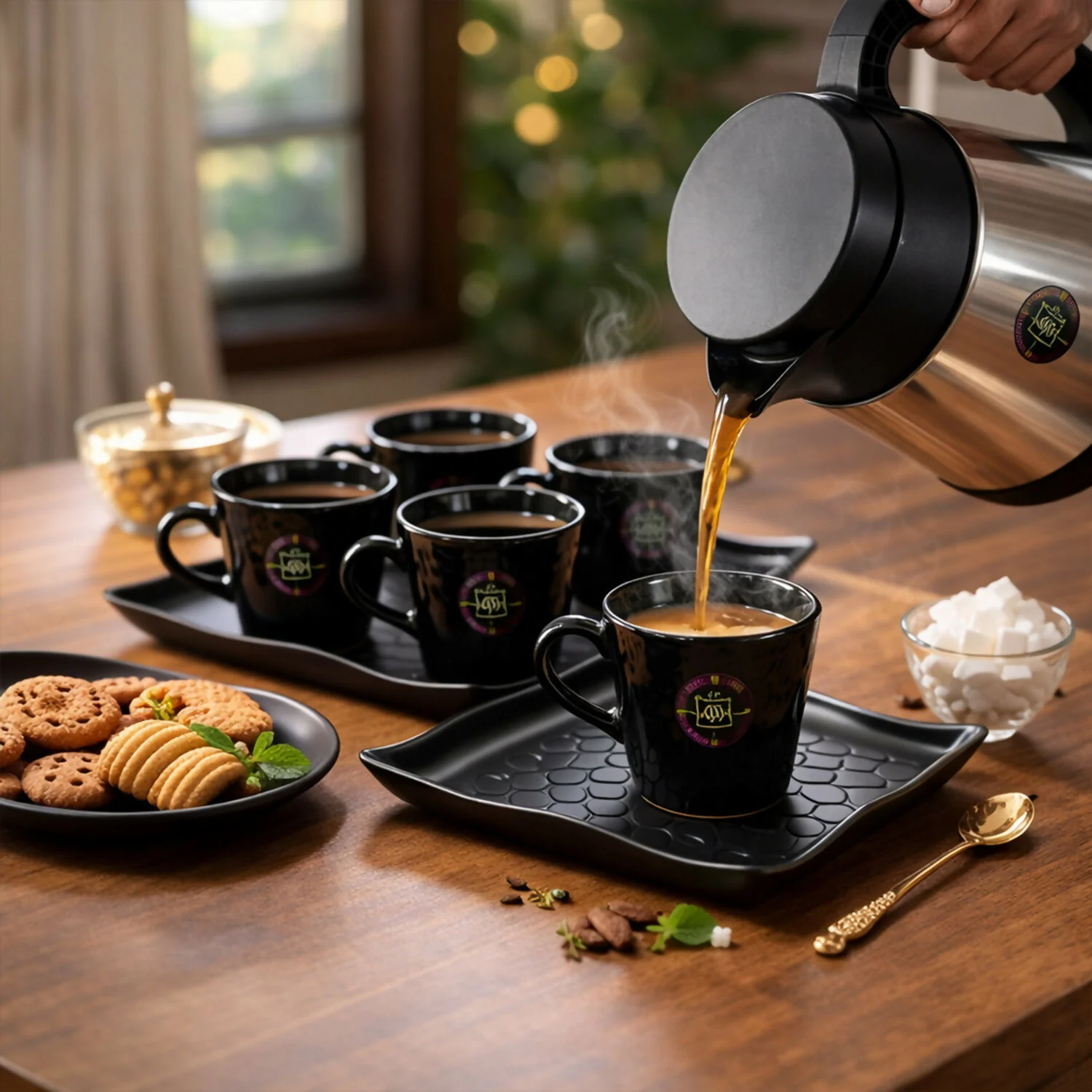 Premium Stainless Steel Tea & Coffee Serving Set with 6 Cups and Tray Set for Home & Office - Image 3