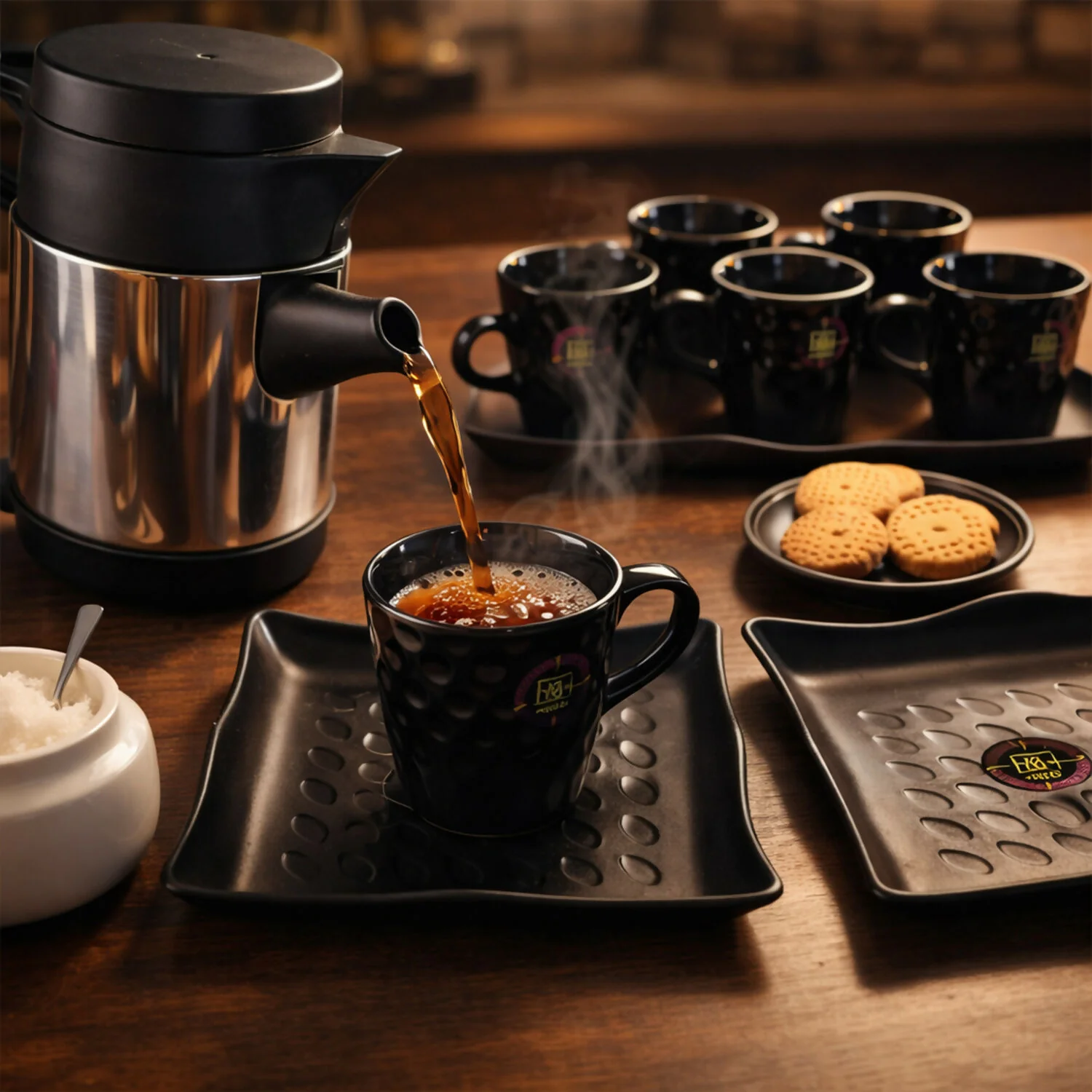 Premium Stainless Steel Tea & Coffee Serving Set with 6 Cups and Tray Set for Home & Office - Image 4