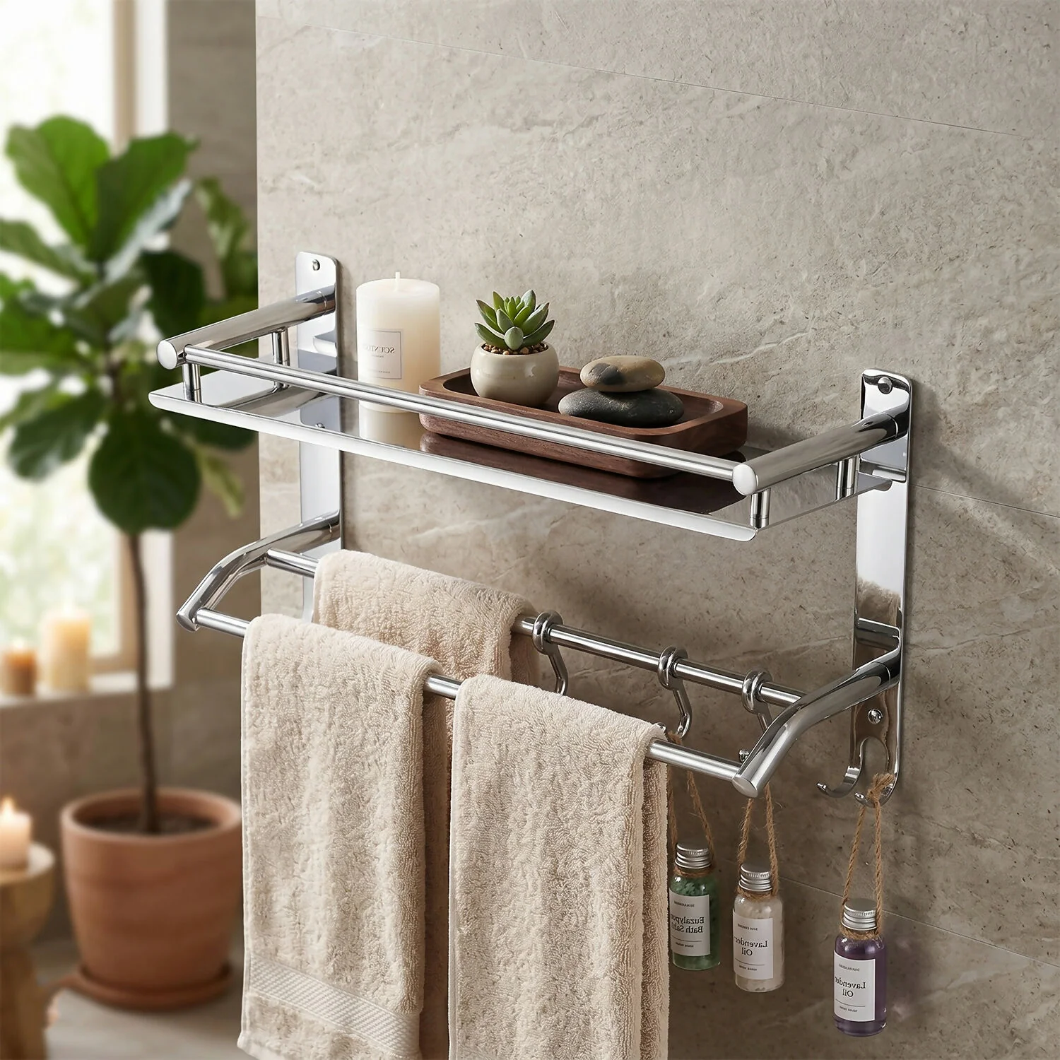 Premium Stainless Steel Towel Rack with Shelf and Hooks for Bathroom Storage - Image 2