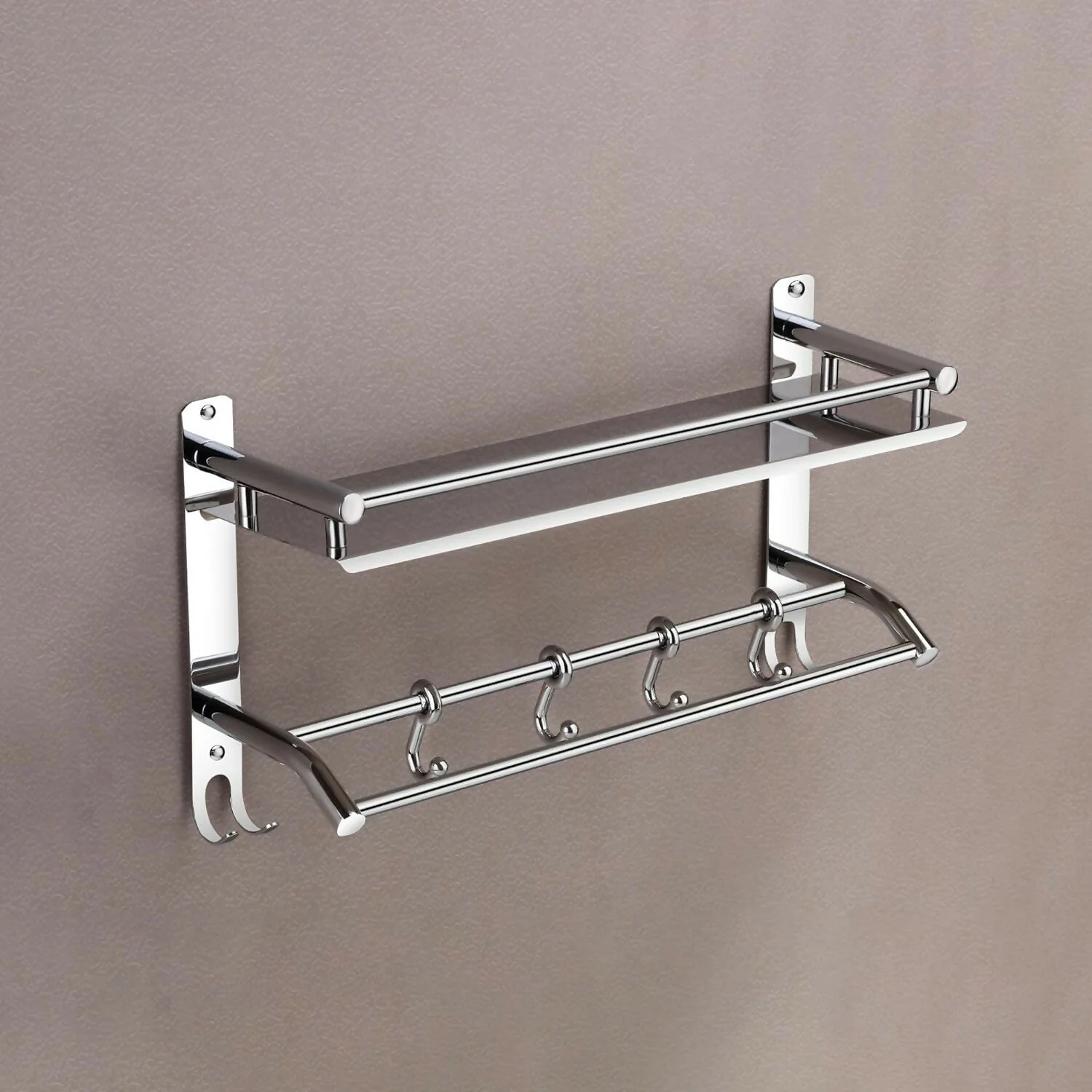 Premium Stainless Steel Towel Rack with Shelf and Hooks for Bathroom Storage - Image 3