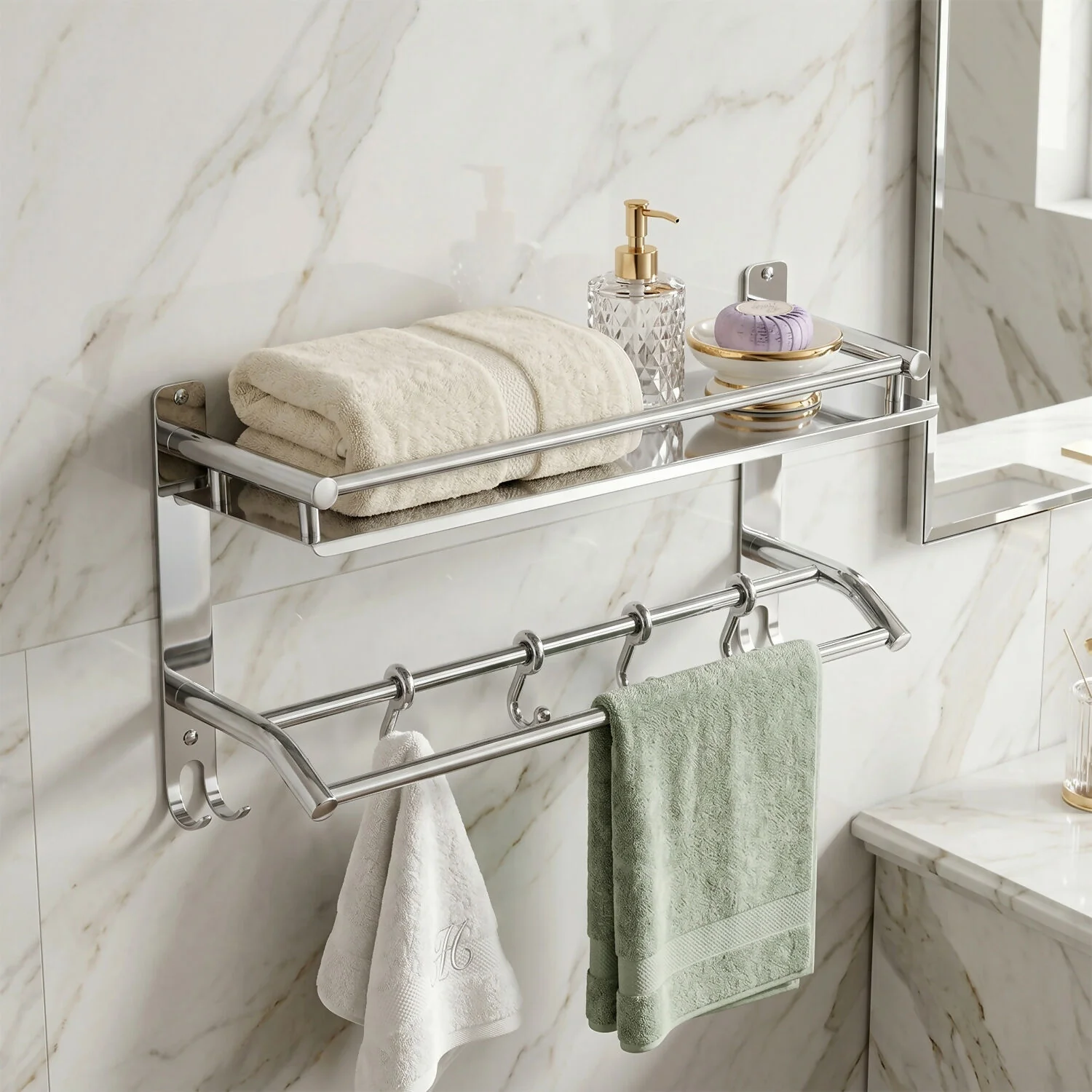 Premium Stainless Steel Towel Rack with Shelf and Hooks for Bathroom Storage - Image 4