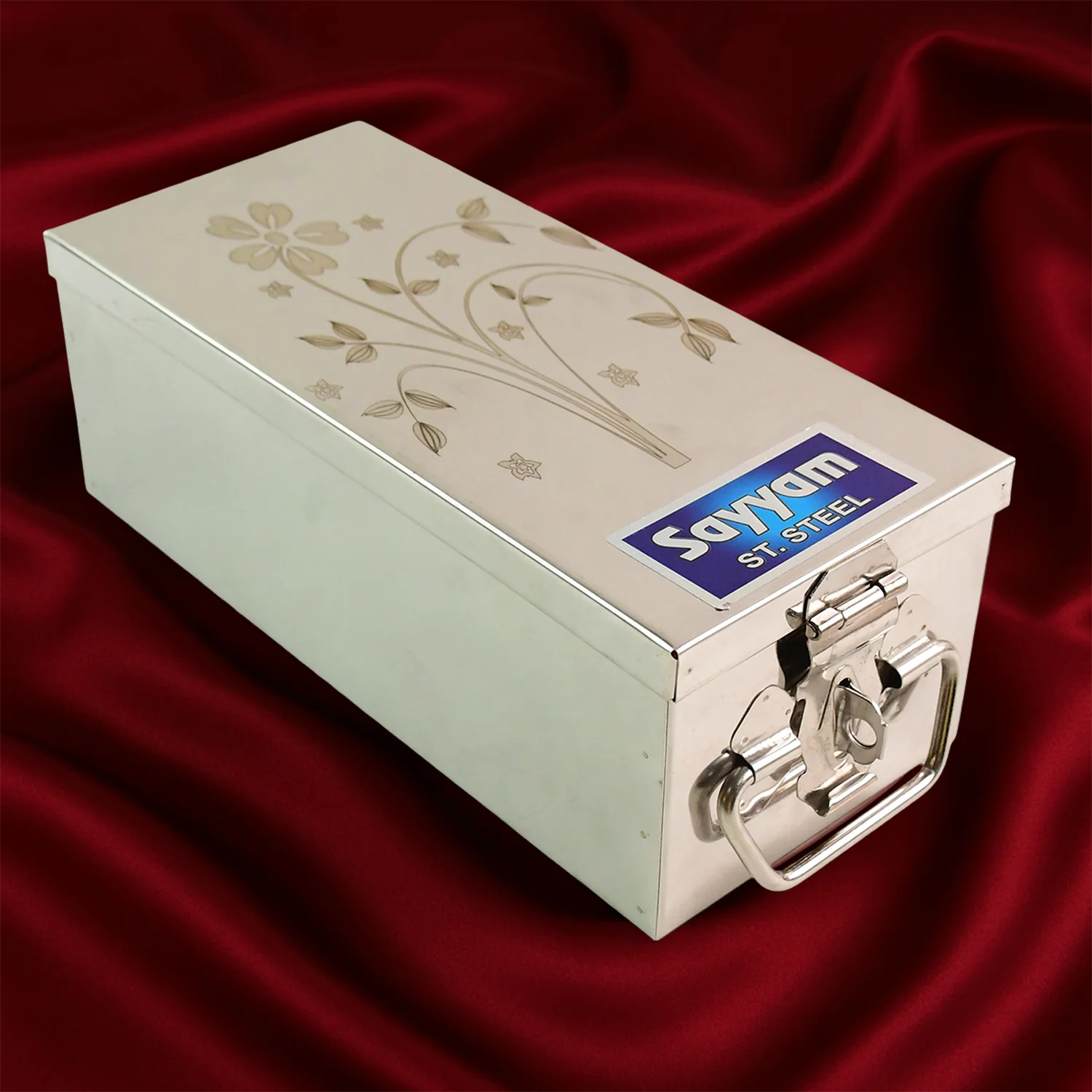 Premium Stainless Steel Velvet Lined Jewellery Storage Box with Lock and Red Interior - Image 6