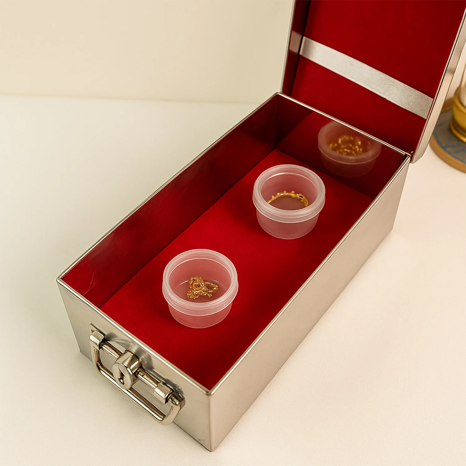 Premium Stainless Steel Velvet Lined Jewellery Storage Box with Lock and Red Interior - Image 7