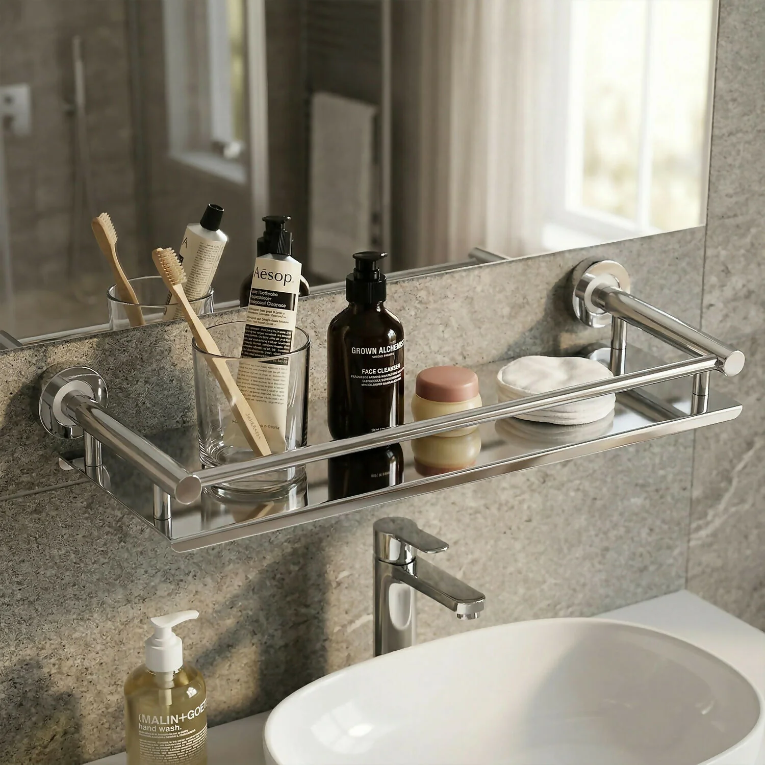 Premium Stainless Steel Wall Mounted Bathroom Shelf Rack Organizer - Image 2