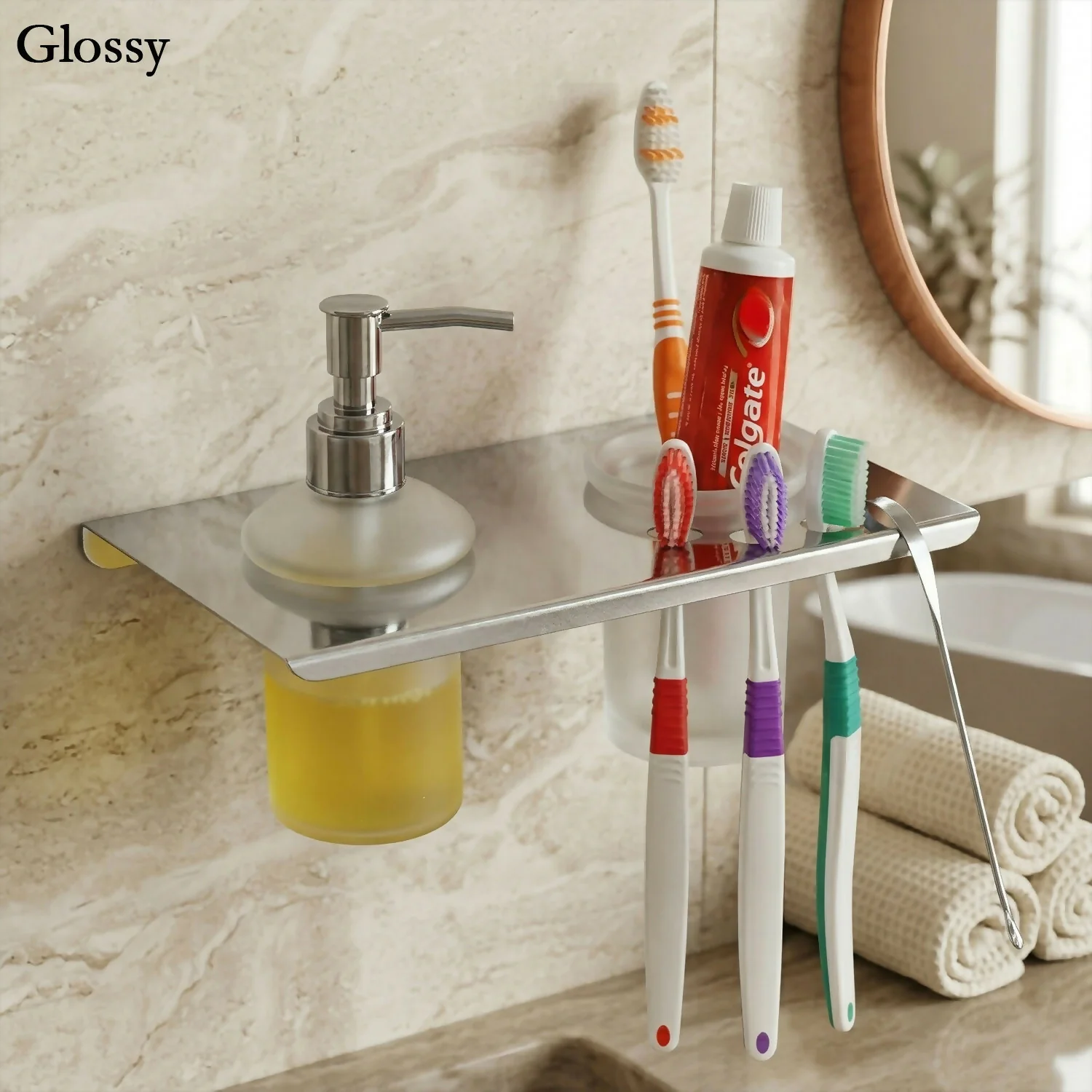 Premium Stainless Steel Wall Mounted Bathroom Shelf with Soap Dispenser & Toothbrush Holder - Image 2