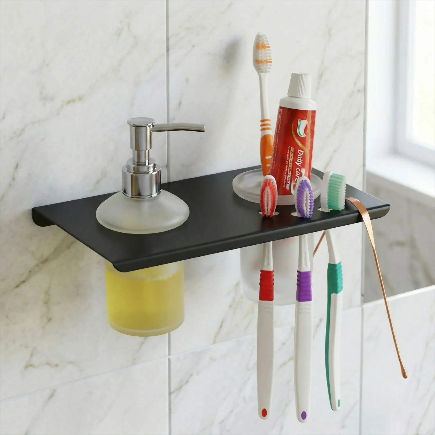 Premium Stainless Steel Wall Mounted Bathroom Shelf with Soap Dispenser & Toothbrush Holder - Image 4