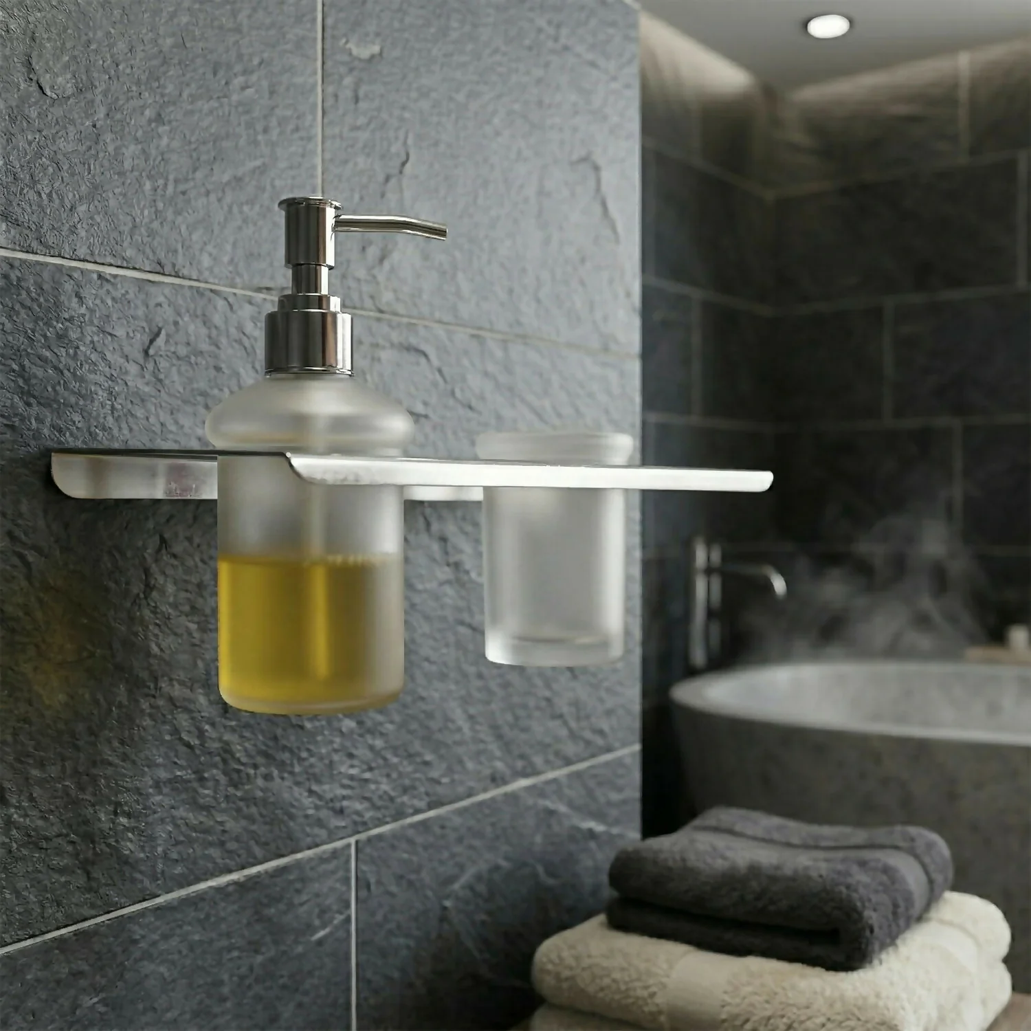 Premium Stainless Steel Wall Mounted Bathroom Shelf with Soap Dispenser & Toothbrush Holder - Image 5
