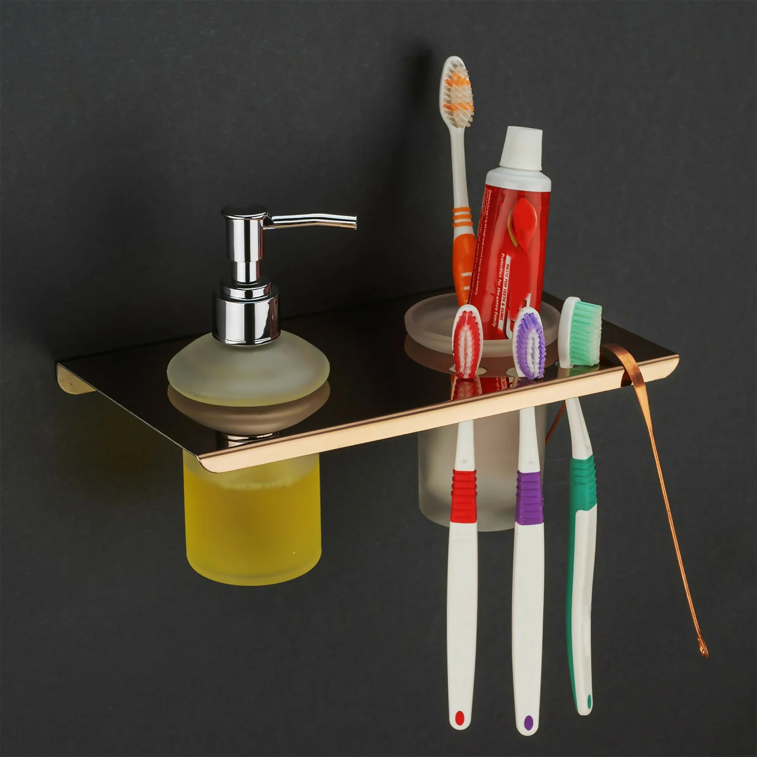 Premium Stainless Steel Wall Mounted Bathroom Shelf with Soap Dispenser & Toothbrush Holder - Image 7