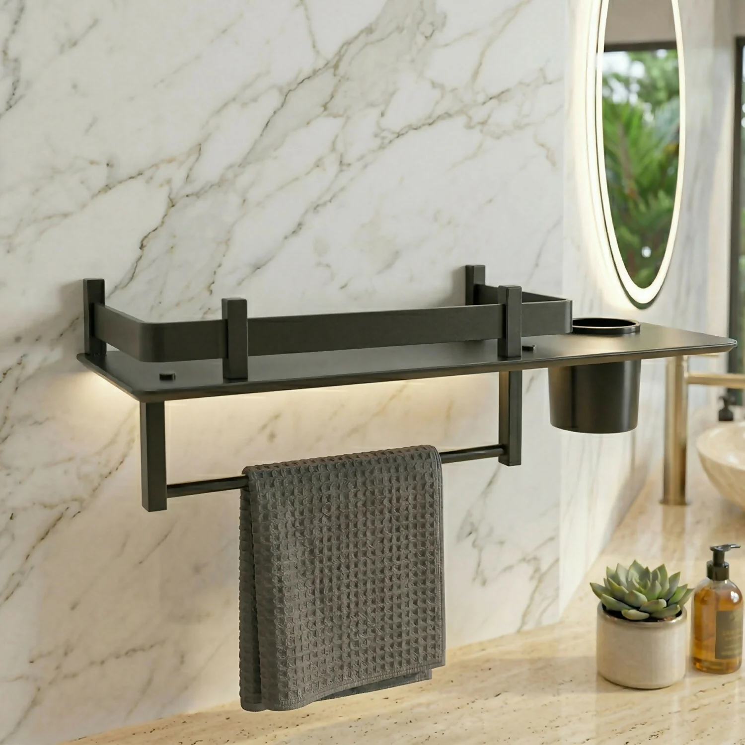 Premium Stainless Steel Wall Mounted Bathroom Shelf with Towel Rod & Toothbrush Holder - Image 2
