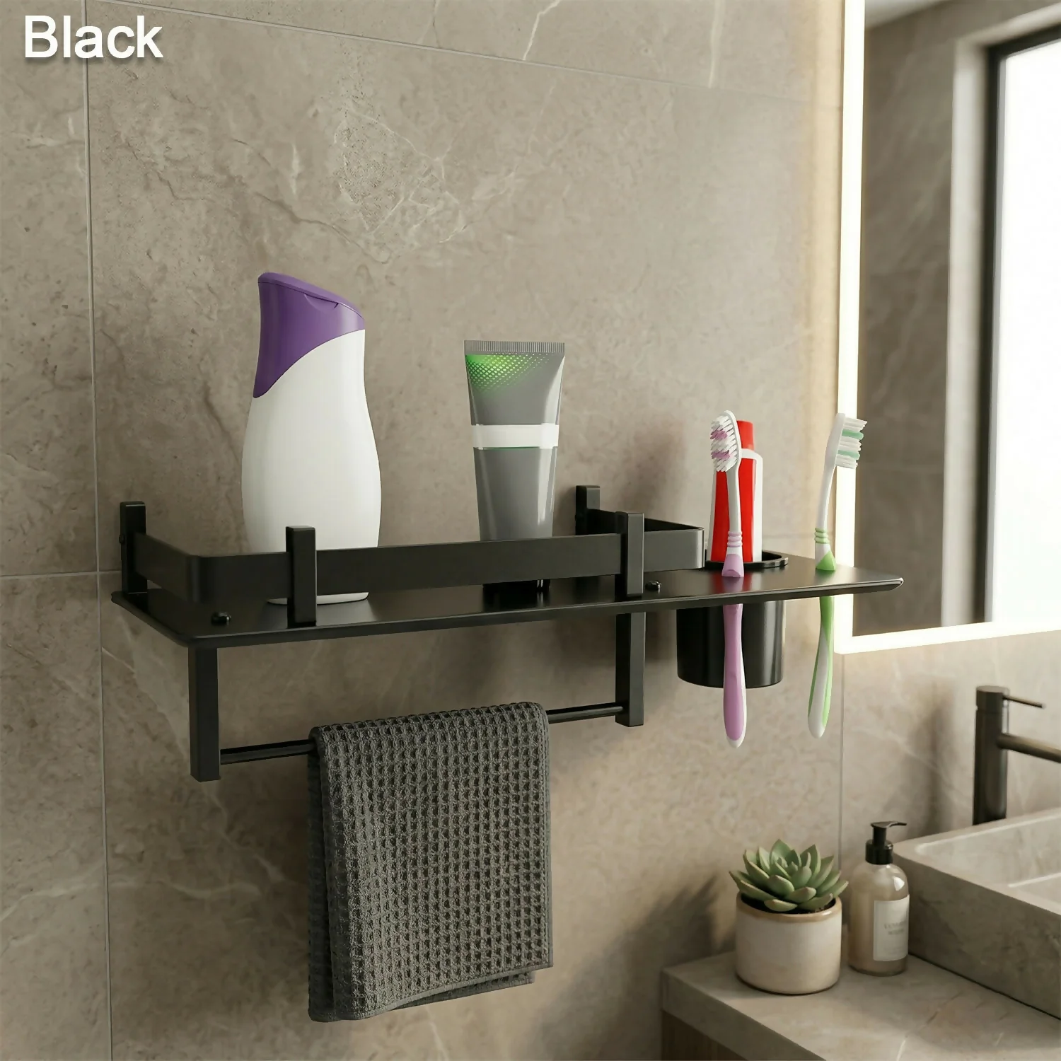 Premium Stainless Steel Wall Mounted Bathroom Shelf with Towel Rod & Toothbrush Holder - Image 3