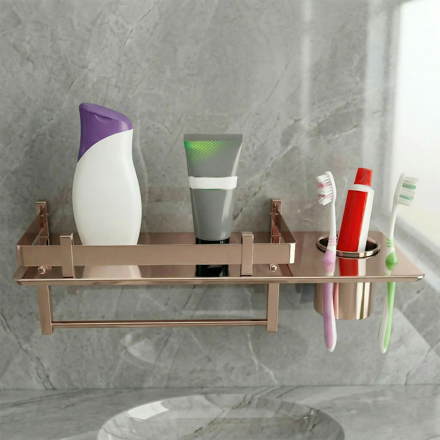 Premium Stainless Steel Wall Mounted Bathroom Shelf with Towel Rod & Toothbrush Holder - Image 5