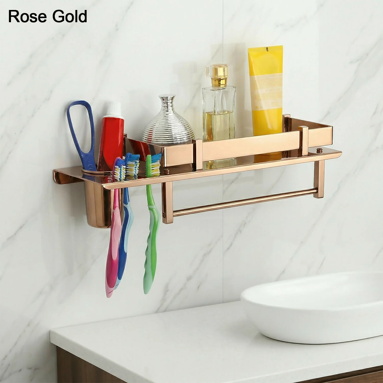 Premium Stainless Steel Wall Mounted Bathroom Shelf with Towel Rod & Toothbrush Holder - Image 5