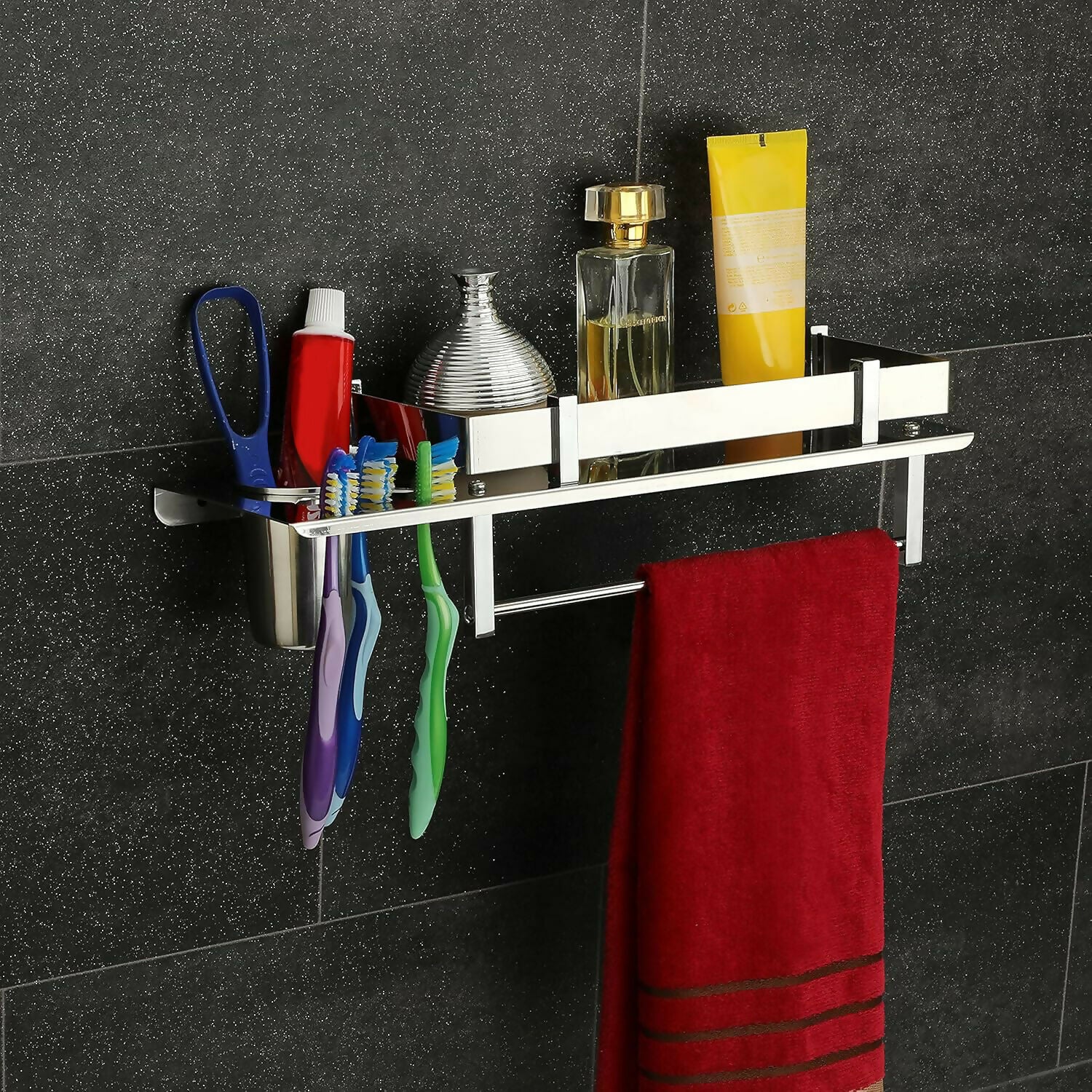 Premium Stainless Steel Wall Mounted Bathroom Shelf with Towel Rod & Toothbrush Holder - Image 6