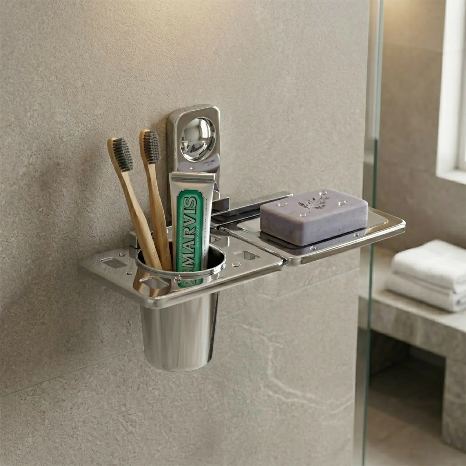 Premium Stainless Steel Wall Mounted Soap and Toothbrush Holder with Multi-Function Shelf - Image 3