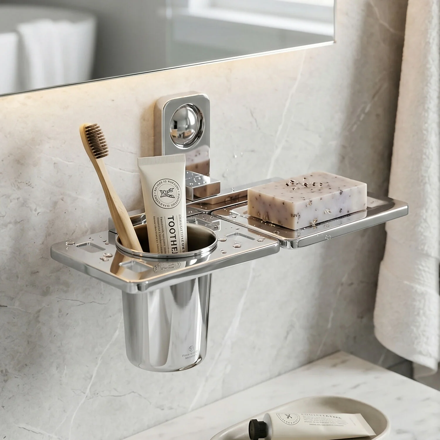 Premium Stainless Steel Wall Mounted Soap and Toothbrush Holder with Multi-Function Shelf - Image 4