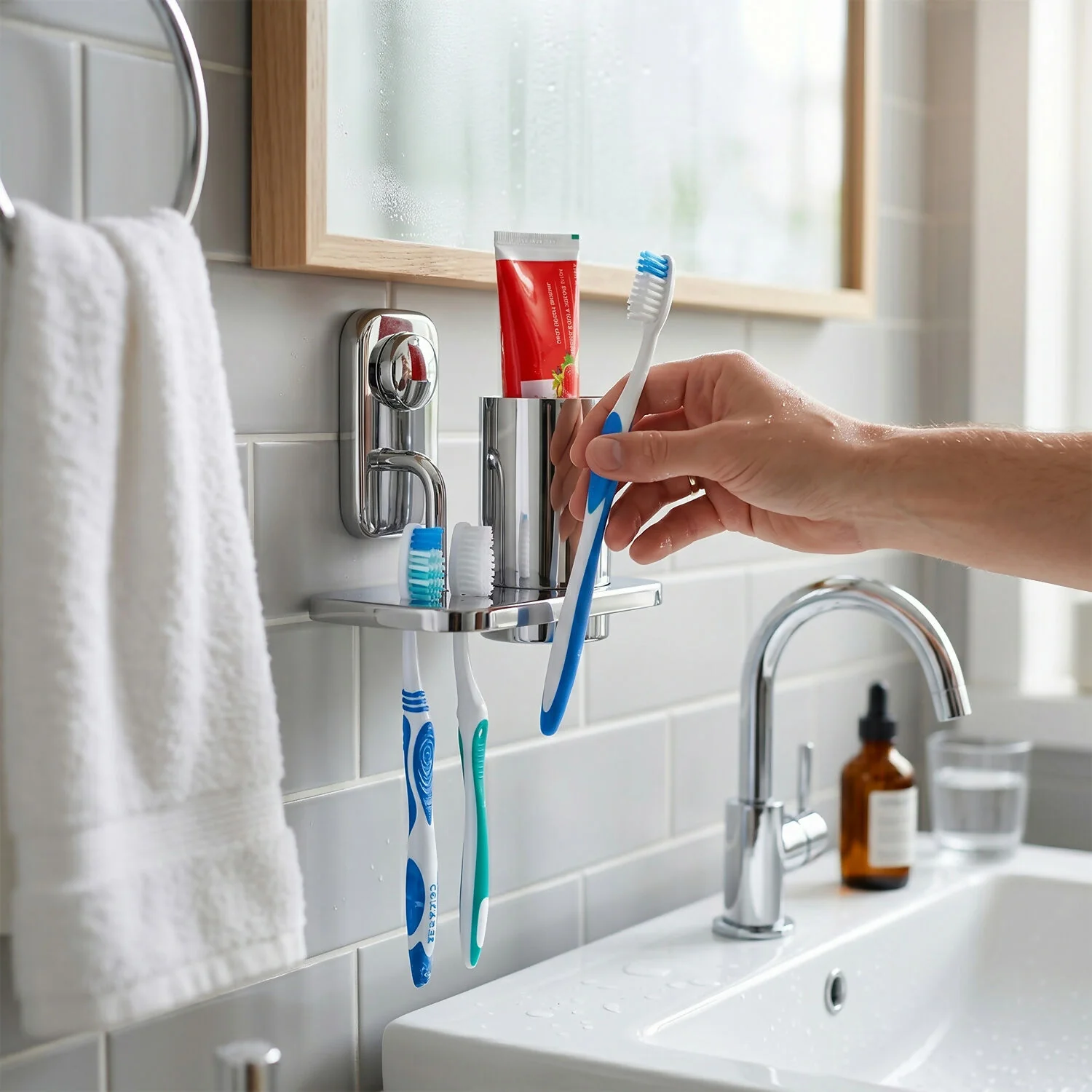 Premium Stainless Steel Wall Mounted Toothbrush Holder with Tumbler Stand & Toothpaste Organizer for Bathroom - Image 2