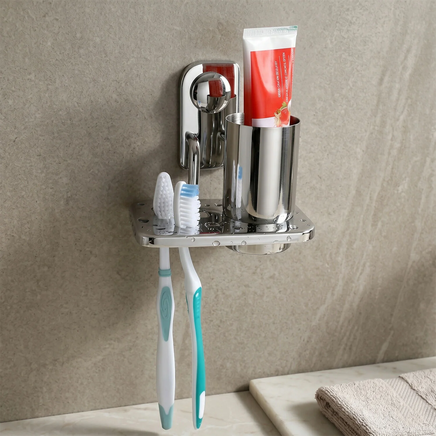 Premium Stainless Steel Wall Mounted Toothbrush Holder with Tumbler Stand & Toothpaste Organizer for Bathroom - Image 3
