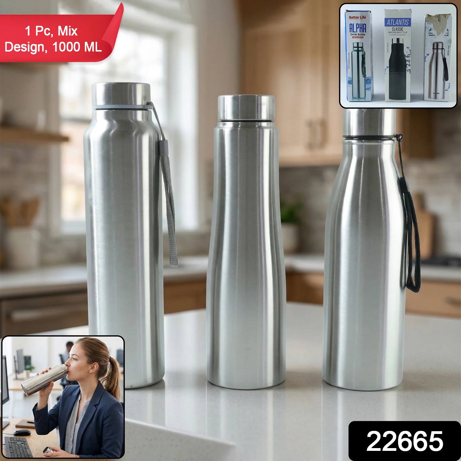 Premium Stainless Steel Water Bottle 1000 ML (1 Pc, 1000ML Approx Mix Design) - Image 2