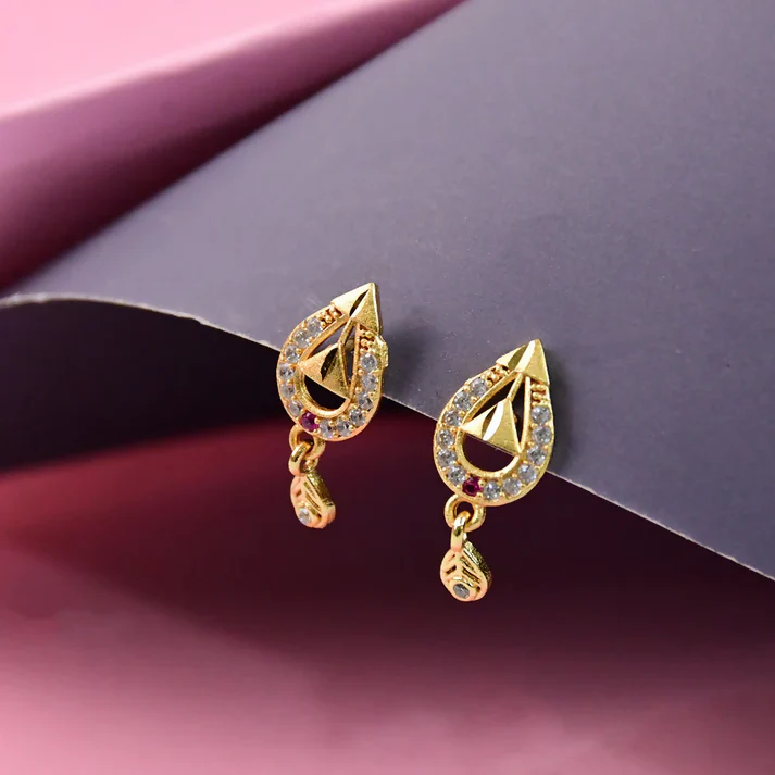 Premium Teardrop Gold Earrings with Cutwork Design & Hanging Stone - Image 3