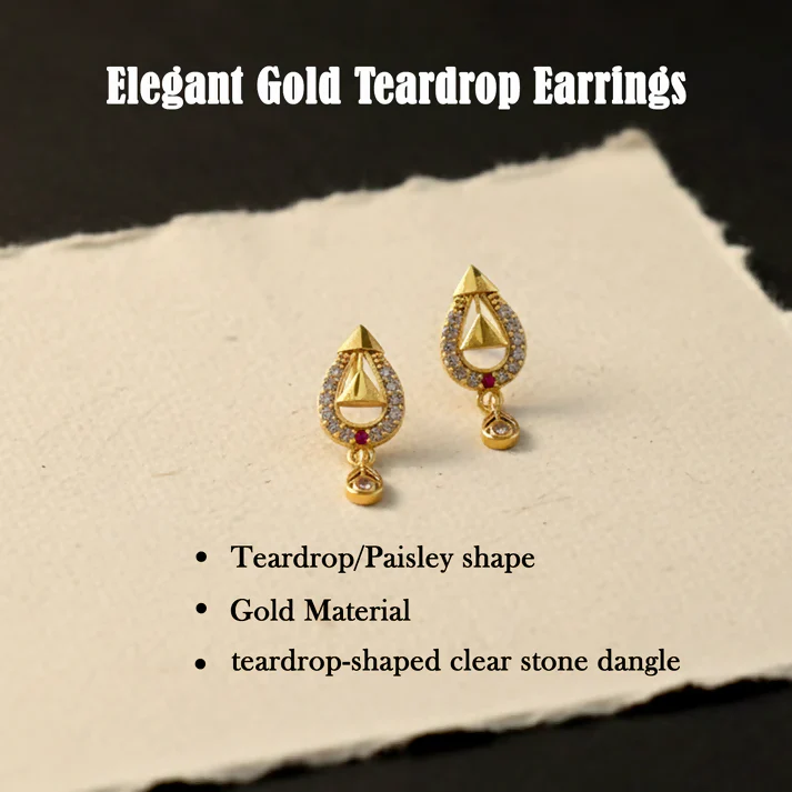 Premium Teardrop Gold Earrings with Cutwork Design & Hanging Stone - Image 4