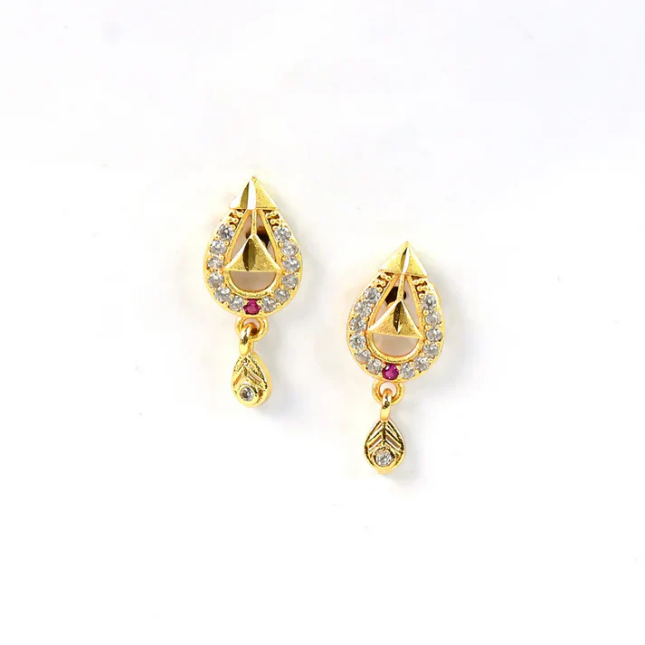 Premium Teardrop Gold Earrings with Cutwork Design & Hanging Stone - Image 5